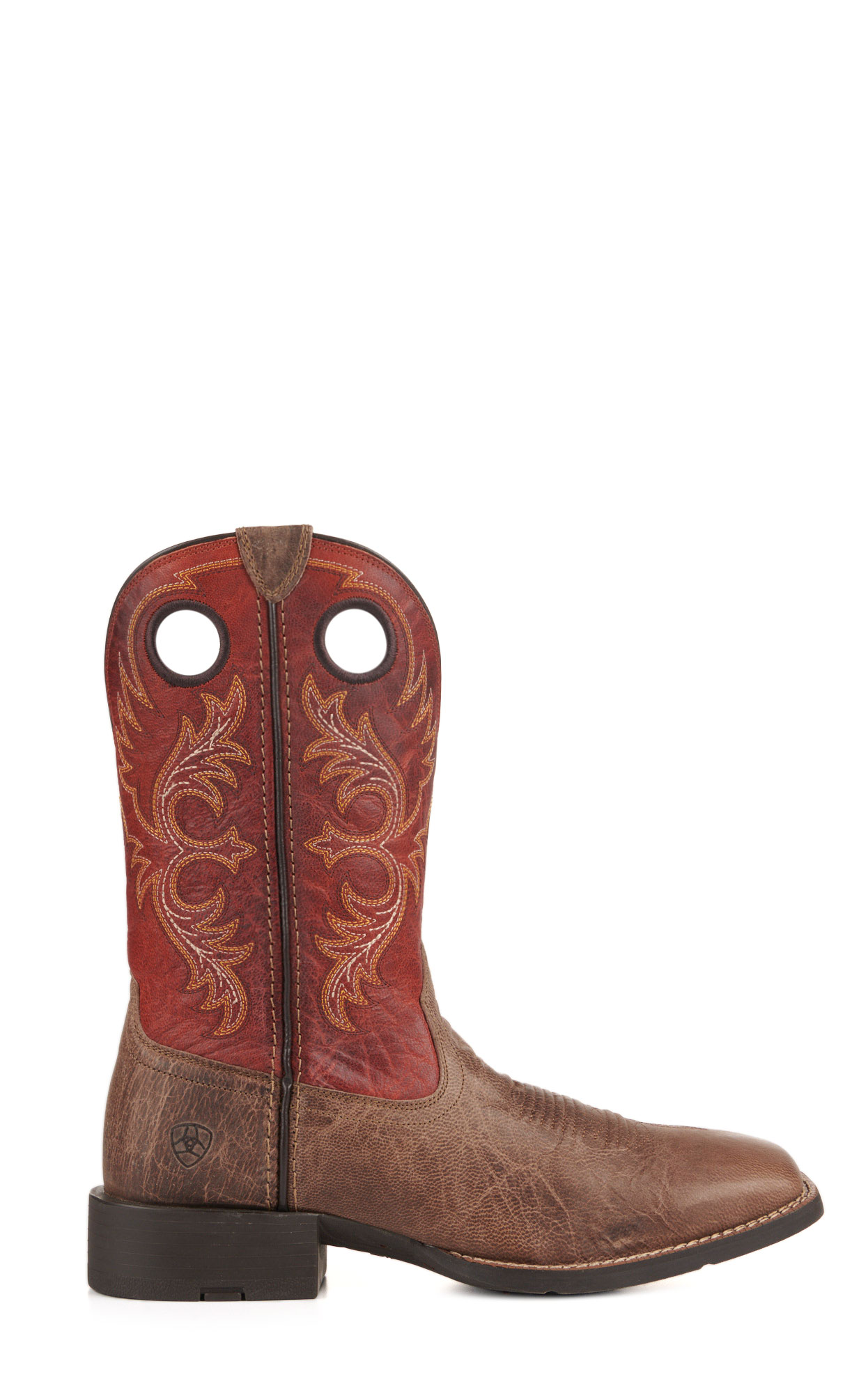 Ariat Men's Sport Rodeo Distressed Tan and Red Wide Square Toe Cowboy Boots - Image 1