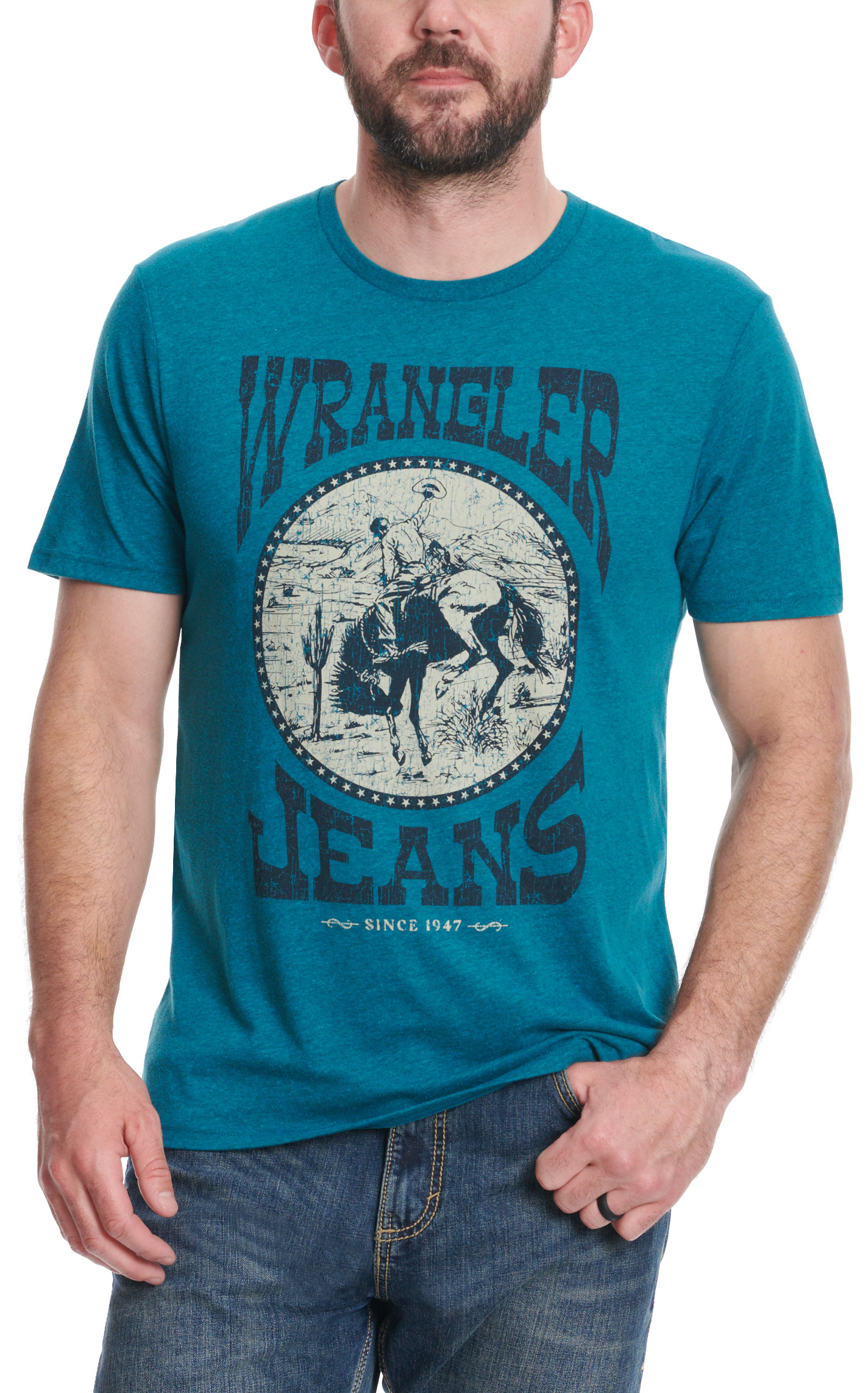 Wrangler Men's Teal Bronc & Rider Desert Graphic T-Shirt - Image 1