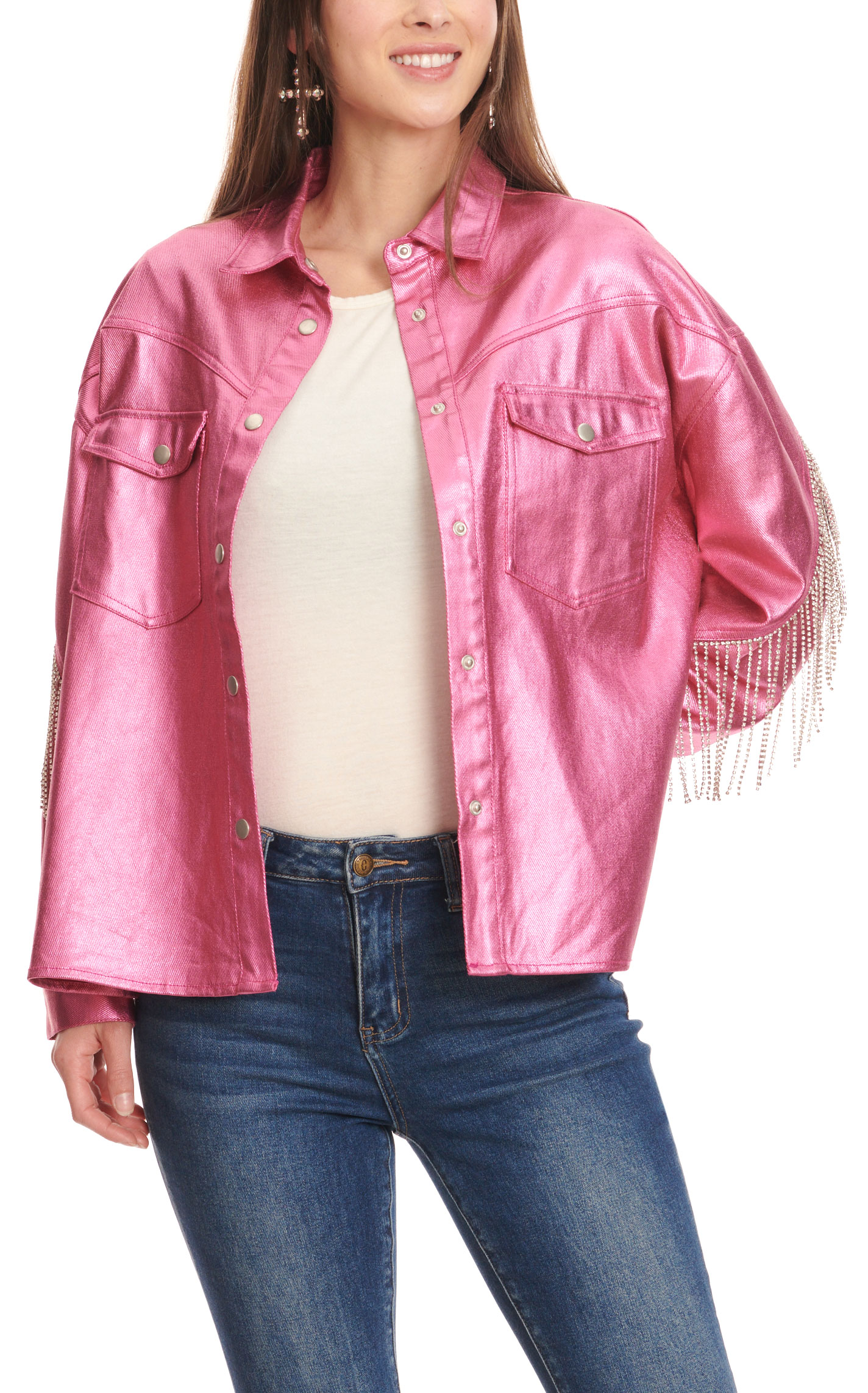 Fantastic Fawn Women's Shiny Hot Pink with Clear Crystal & Silver Fringed Shacket - Image 1