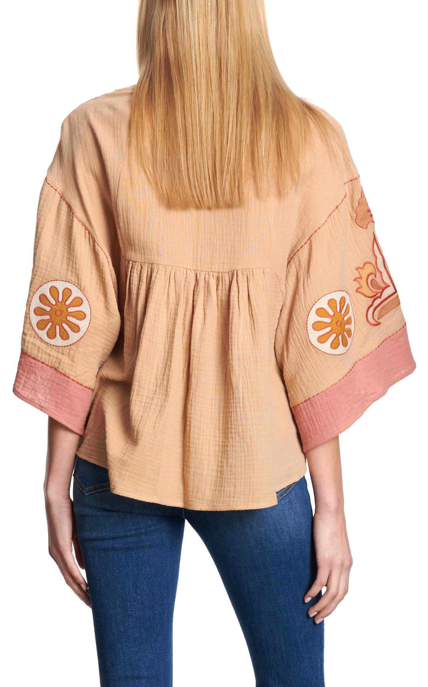 EASEL Women's Khaki & Rose Embroidered Kimono Style Top - Image 1