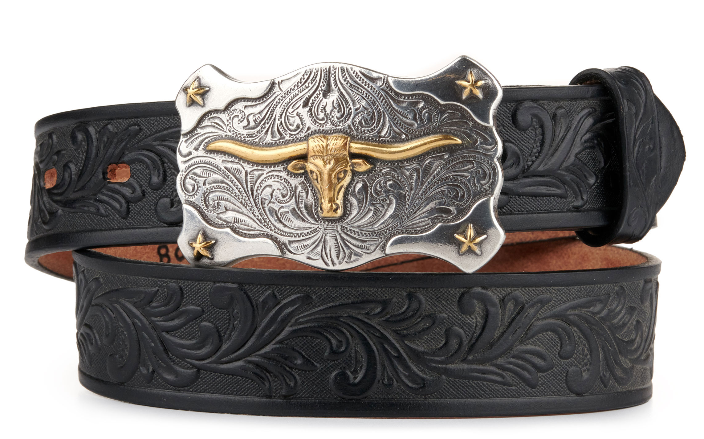 Tony Lama Kids' Black with Texas Longhorn Buckle Tooled Belt - Image 1