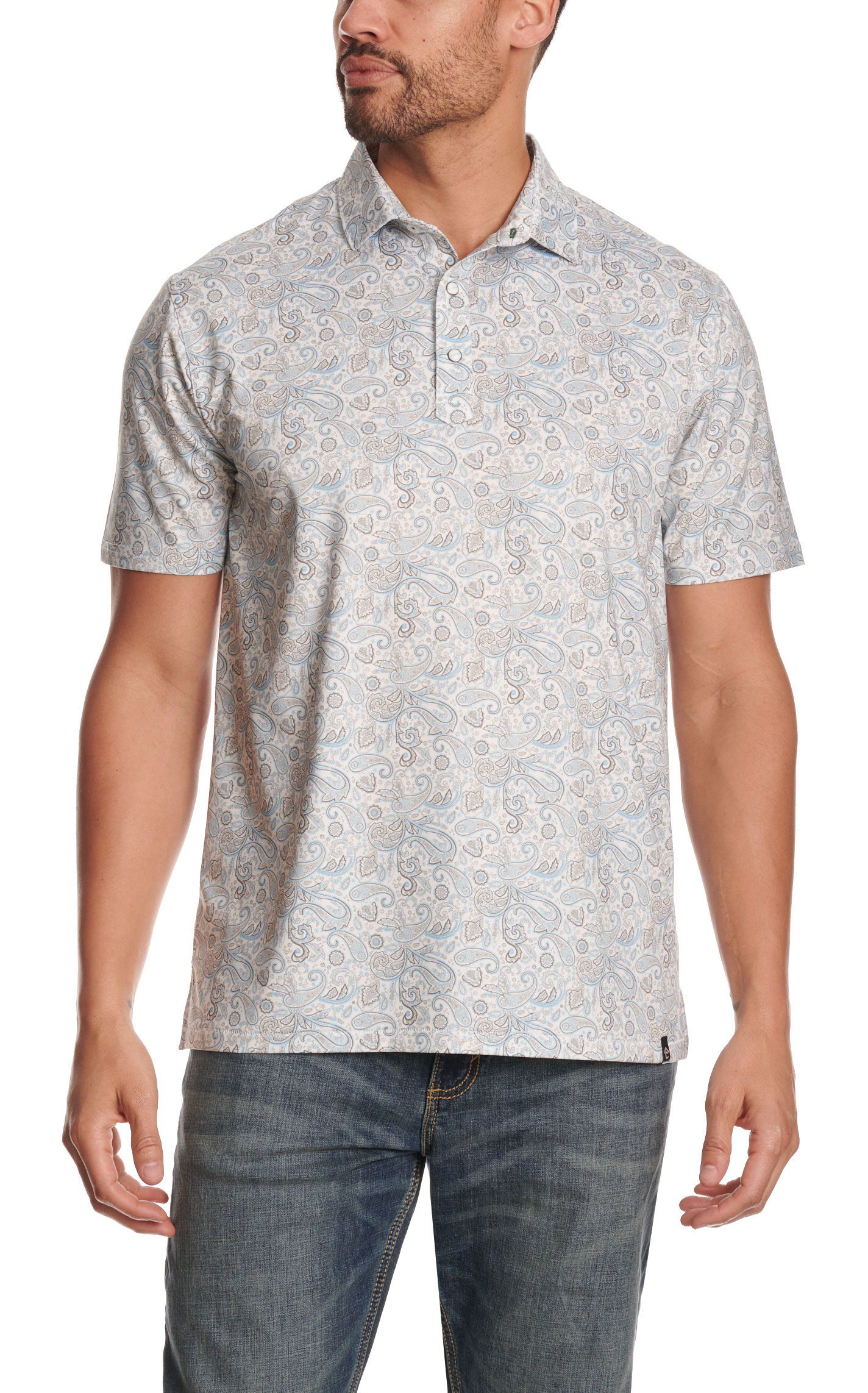 Rafter C Men's White Paisley Print Performance Polo Shirt - Image 1