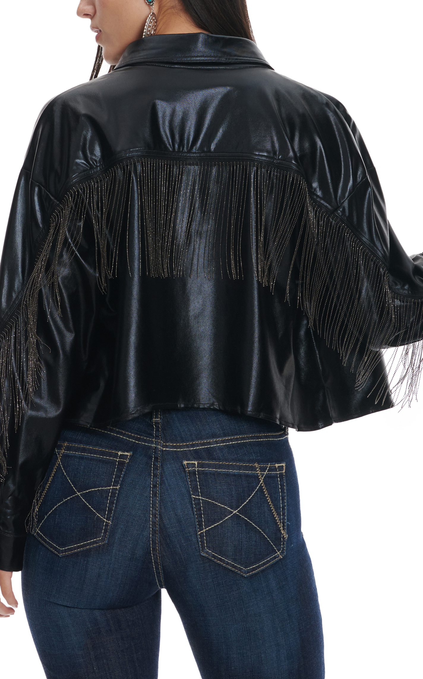 Fashion Express Women's Black Faux Leather with Chain Fringe Jacket - Image 1