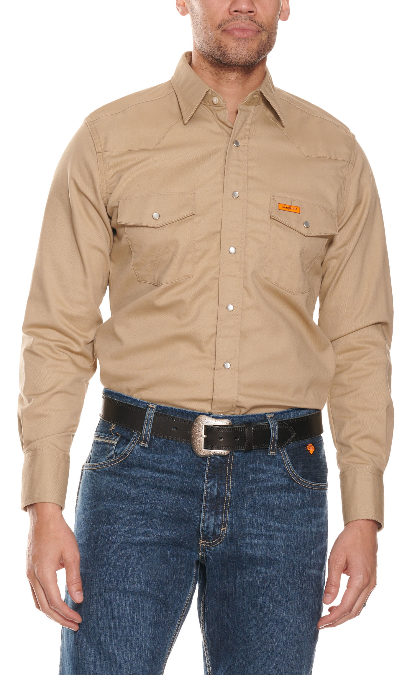 Wrangler FR Khaki Long Sleeve Western Snap Workshirt - Image 1