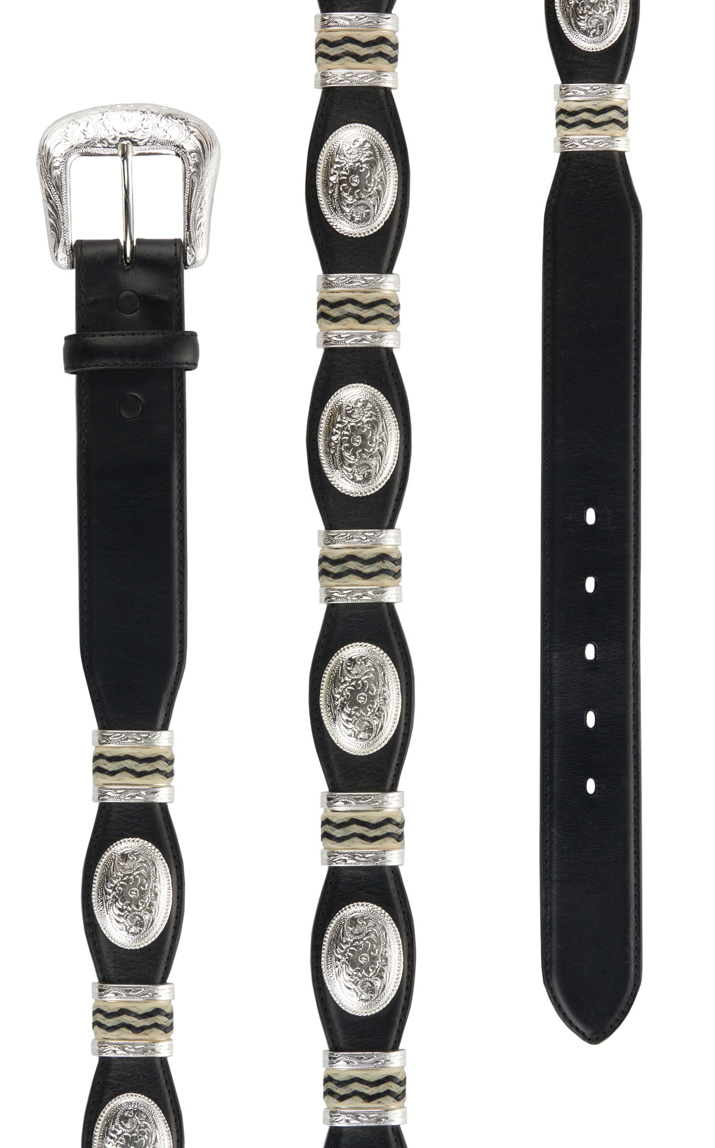 Tony Lama Men's Cutting Champ Black with Silver Conchos Scalloped Western Belt - Image 1