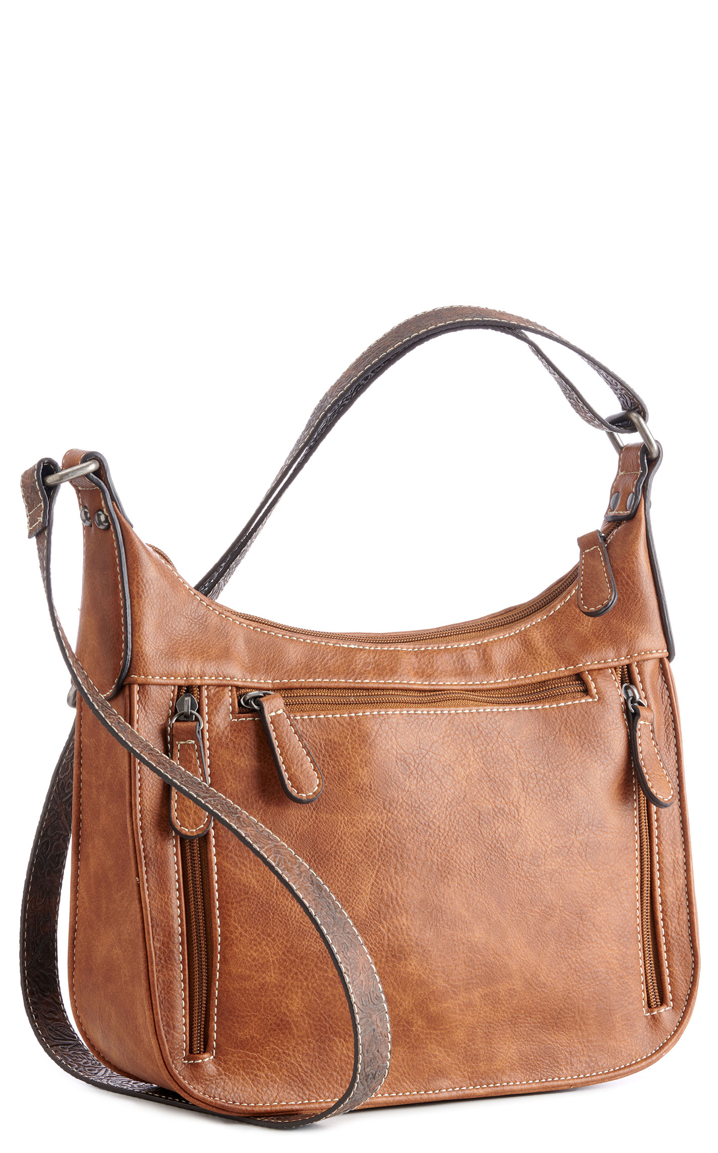 Blazin Roxx Women's Brown Tooled With Cross Concealed Weapon Shoulder Strap Purse - Image 1