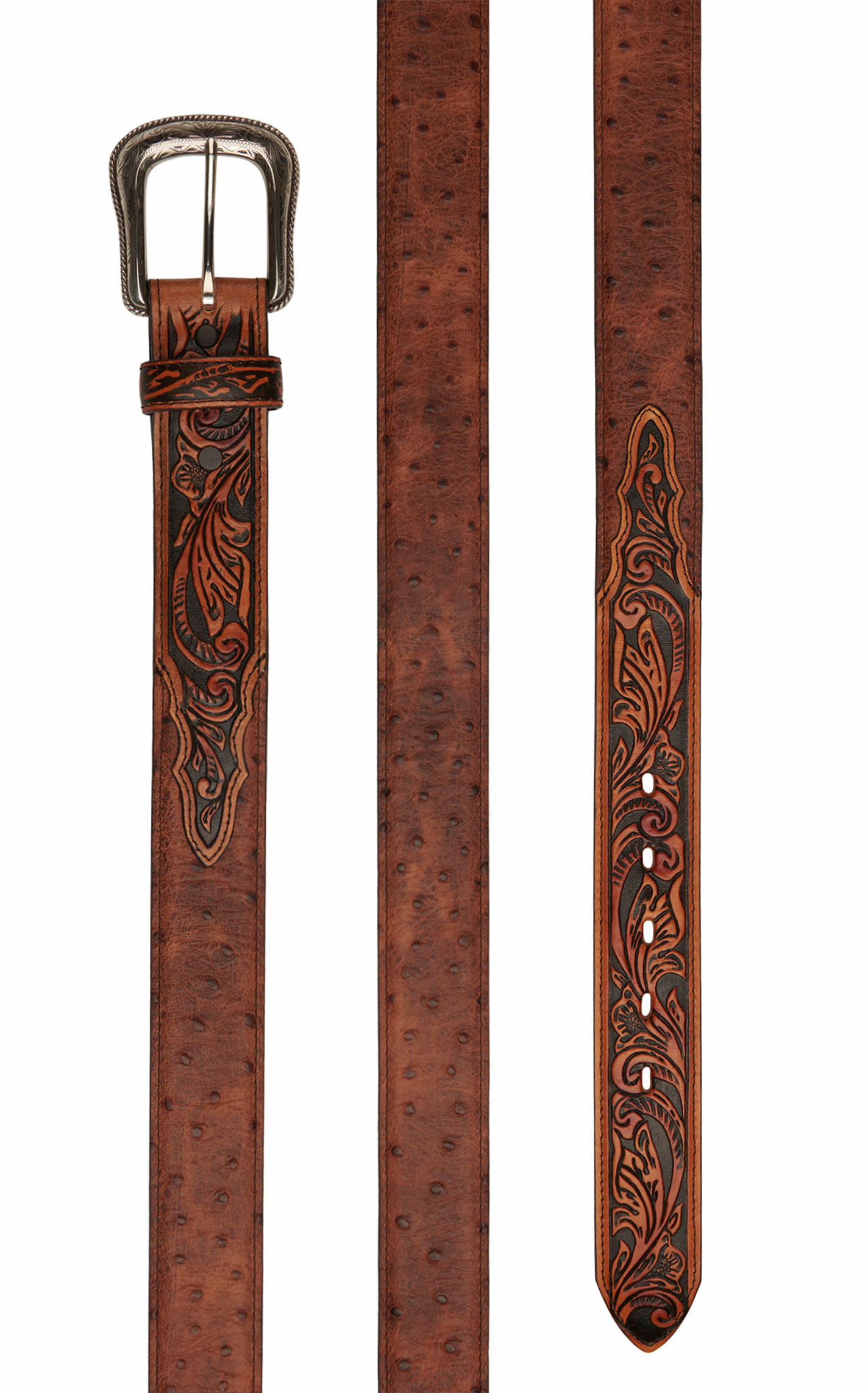 Tony Lama Men's Dark Brown Tan Rustic Ostrich & Vines Western Belt - Image 1