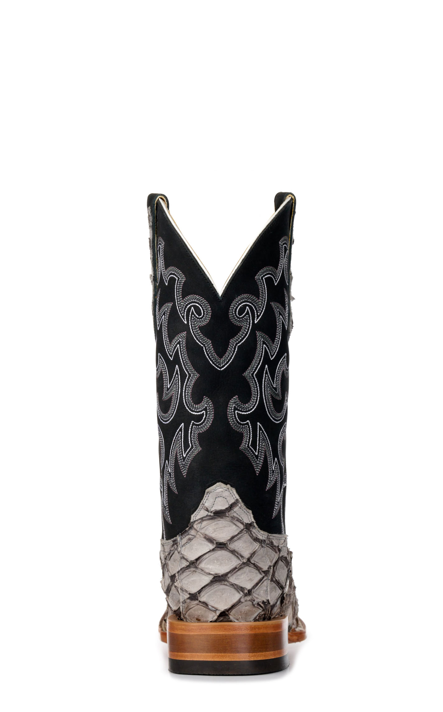 Cavender’s Men’s Charcoal Gray Pirarucu and Black Wide Square Toe Exotic Cowboy Boots - Image 1
