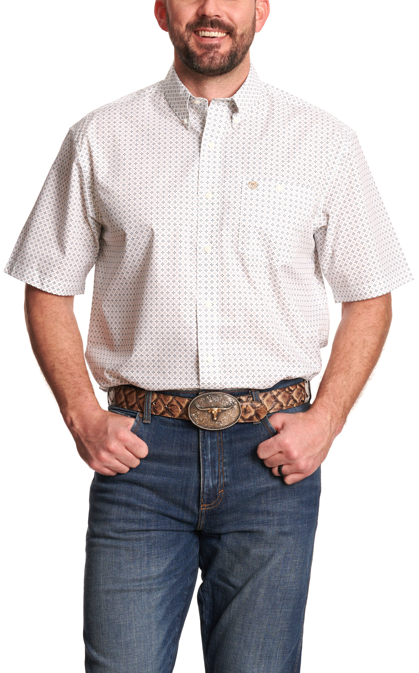Wrangler Men's White & Gray Geo Classic Western Shirt - Image 3