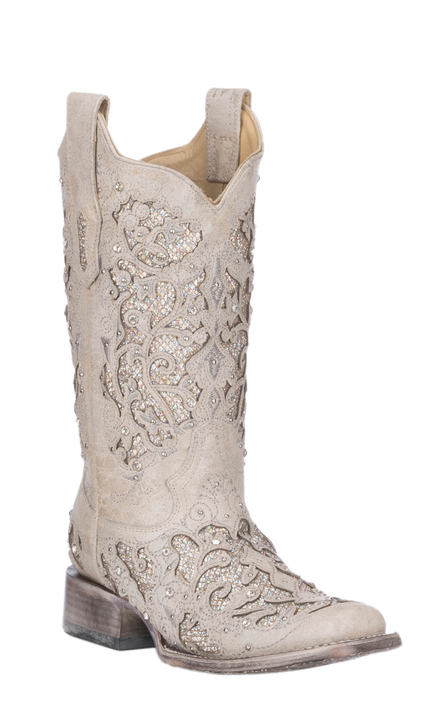 Corral Women's White with White Glitter & Crystals Inlay Wedding Square Toe Cowboy Boots - Image 1