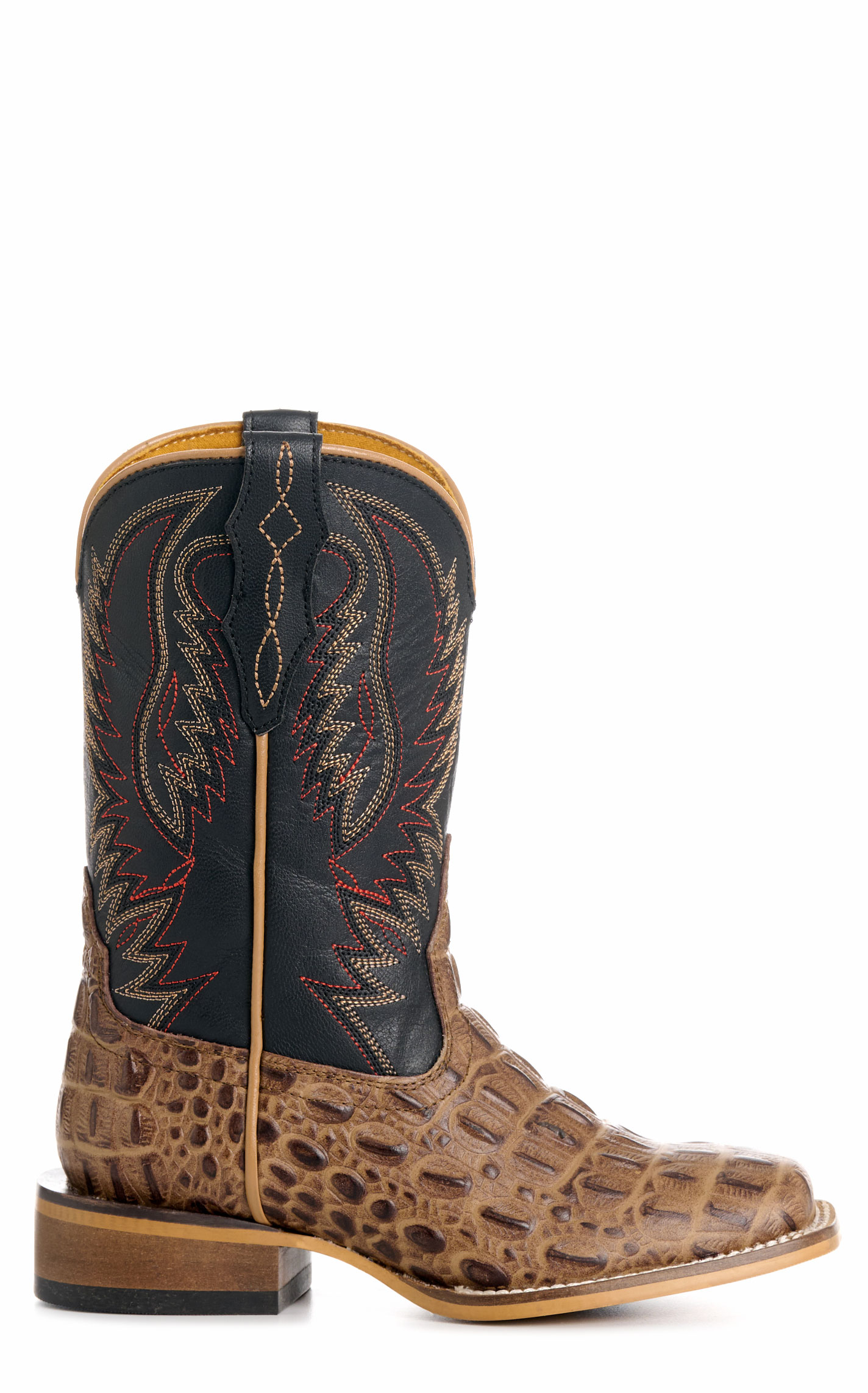 Cavender’s Kid’s Black and Sand Crocodile Print Wide Square Toe Cowboy Boots - Image 1