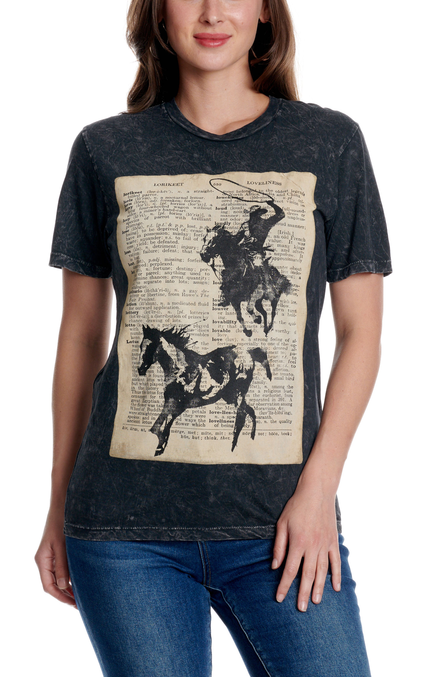 Lotus Fashion Women's Vintage Black Cowboy Dictionary Graphic T-Shirt - Image 1
