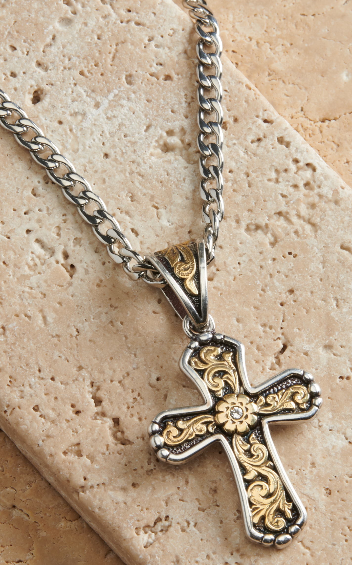 Twister Men's Silver with Ornate Cross Necklace - Image 1