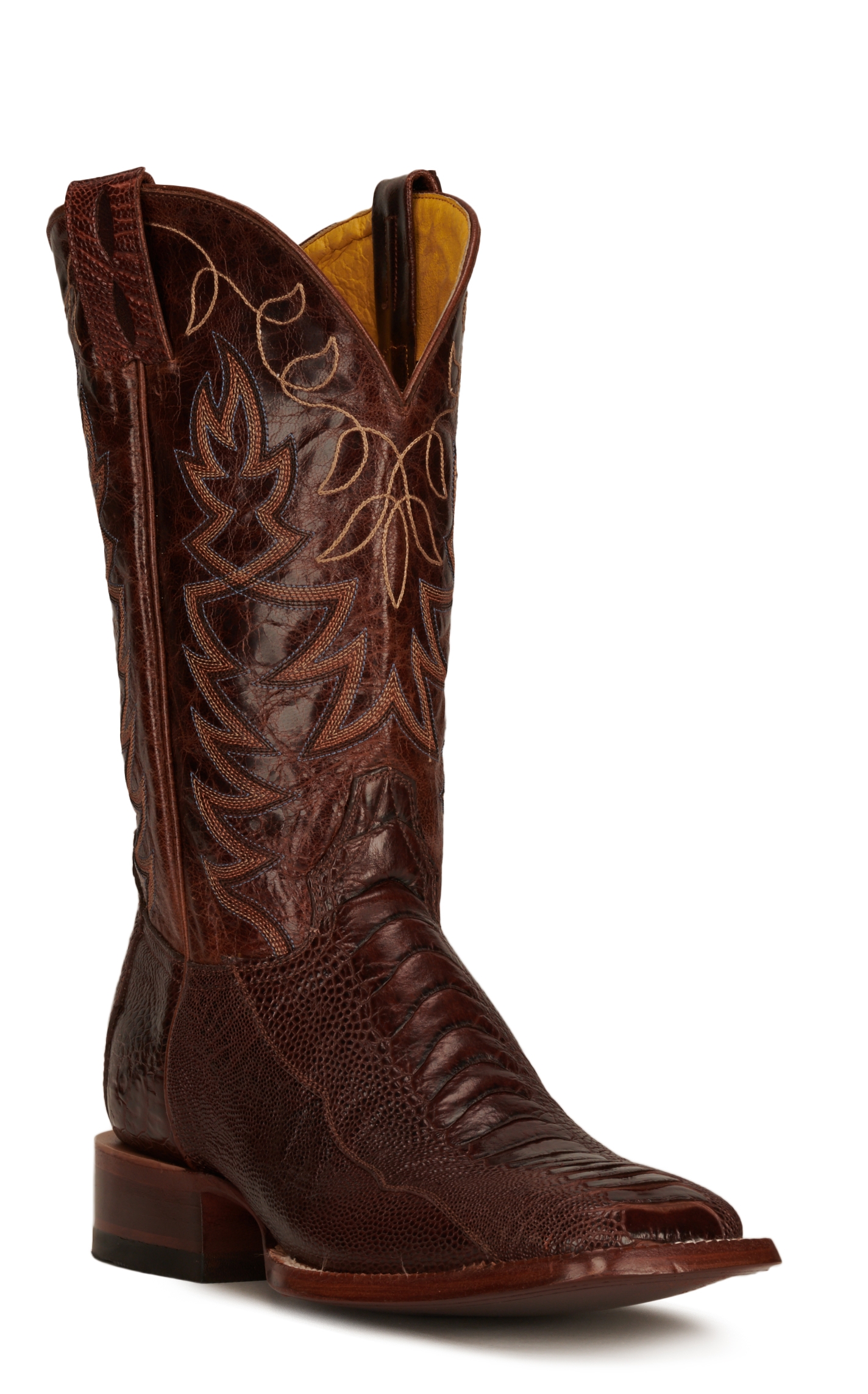 Cavender's Men's Antique Cafe Brown Ostrich Leg and Brass Wide Square Toe Exotic Cowboy Boots - Image 1