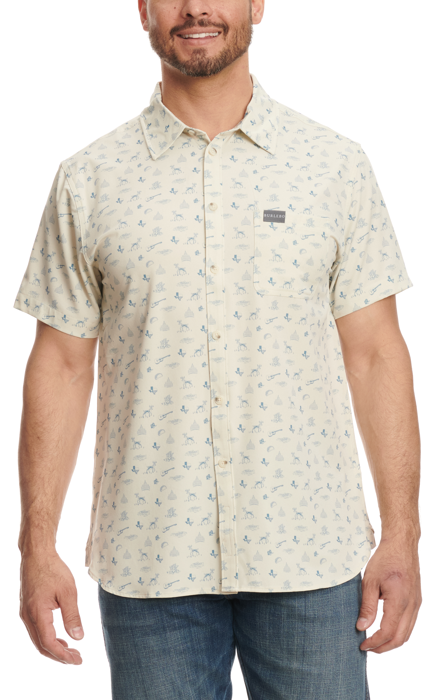 BURLEBO Men's Cream & Steel Blue Lone Star Print Performance Shirt - Image 2
