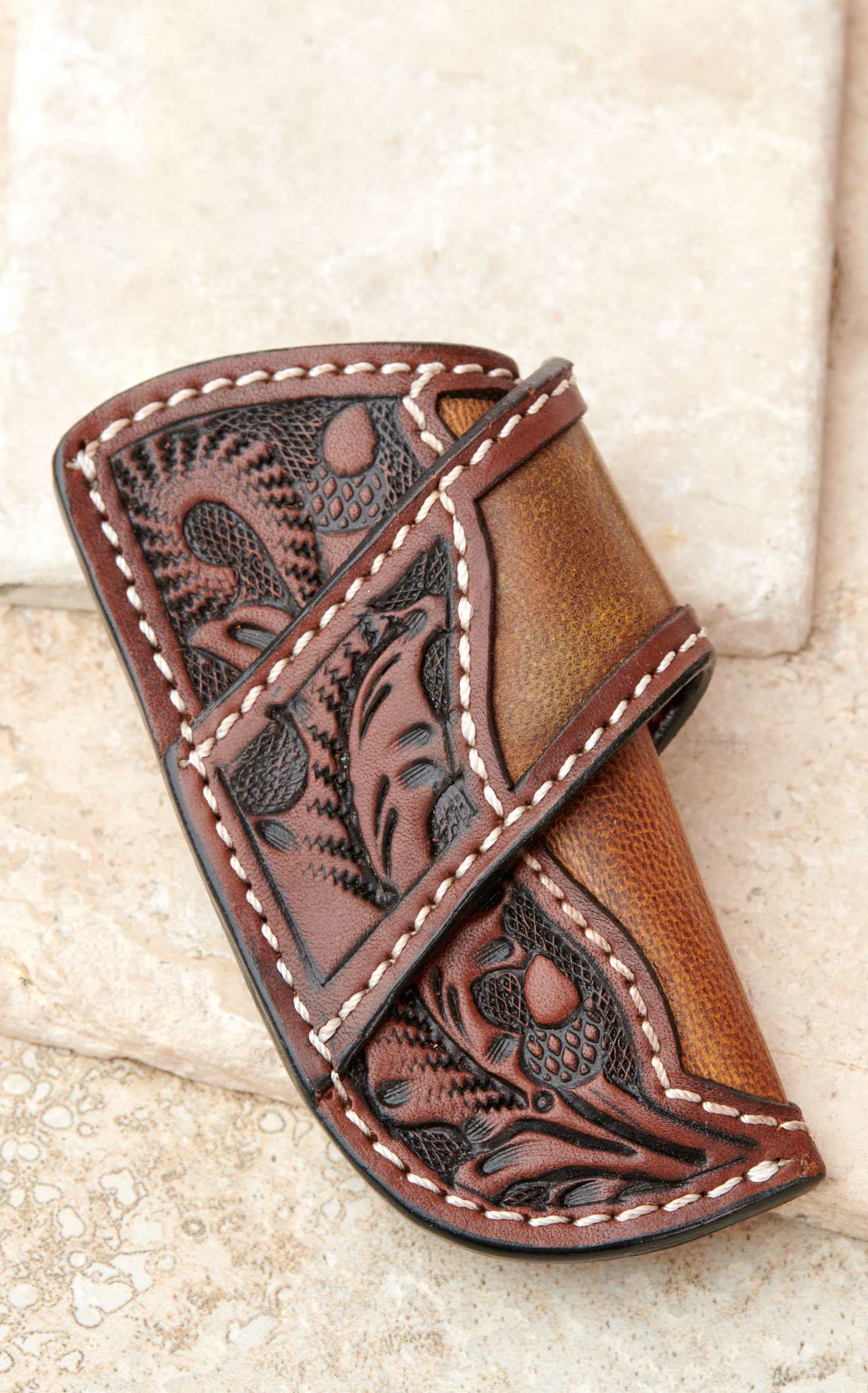 3D Belt Co Brown Floral Tooled Leather Horizontal Knife Sheath - Image 1