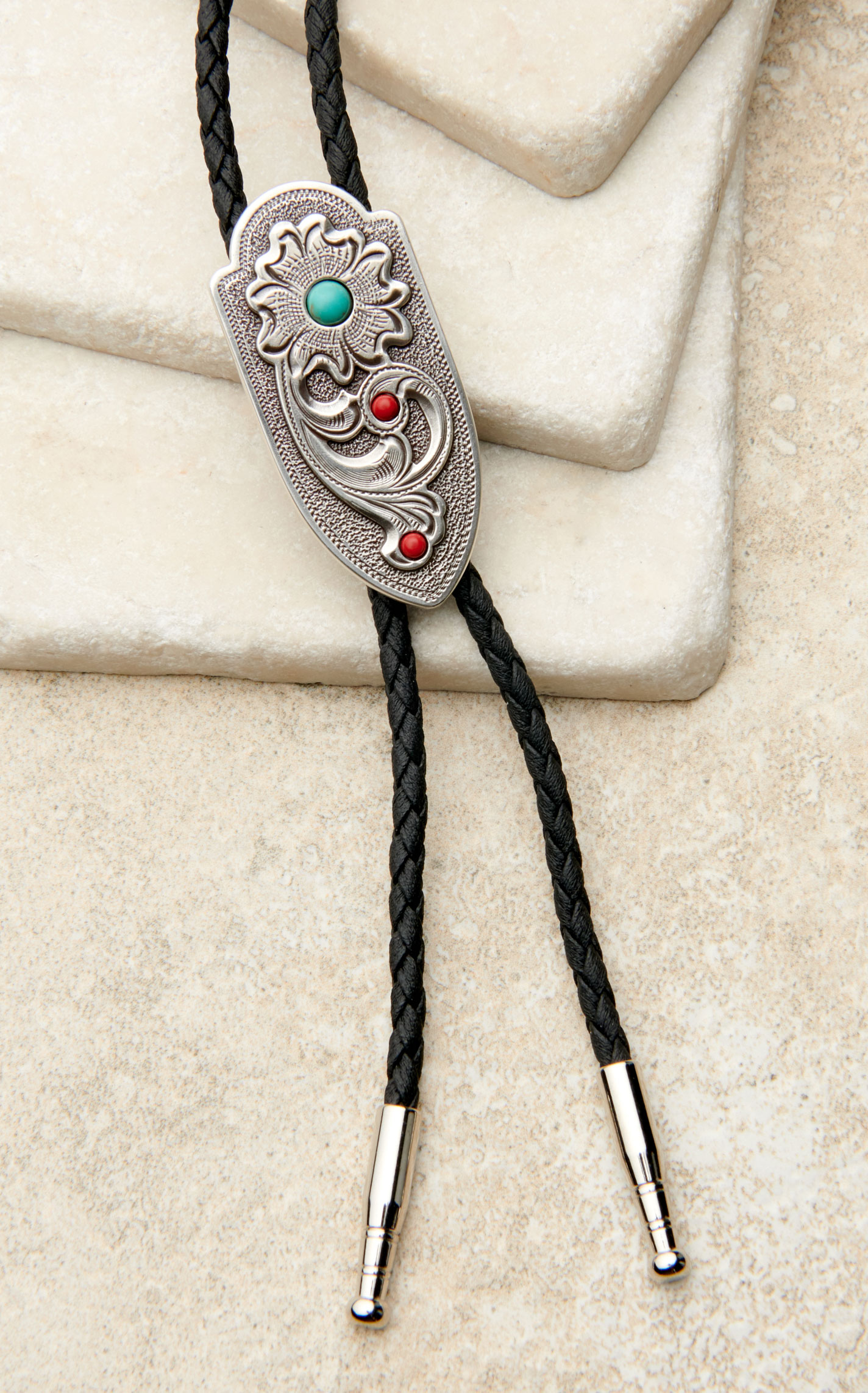 M&F Western Antique Silver Floral Arrow Turquoise & Red Stone Bolo Tie - Image 1