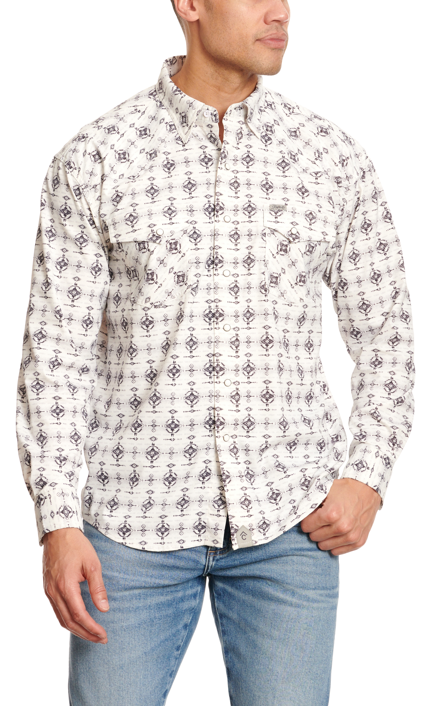 Rafter C Outdoors Men's White Black & Pale Gray Aztec Print Long Sleeve Fishing Shirt - Image 1