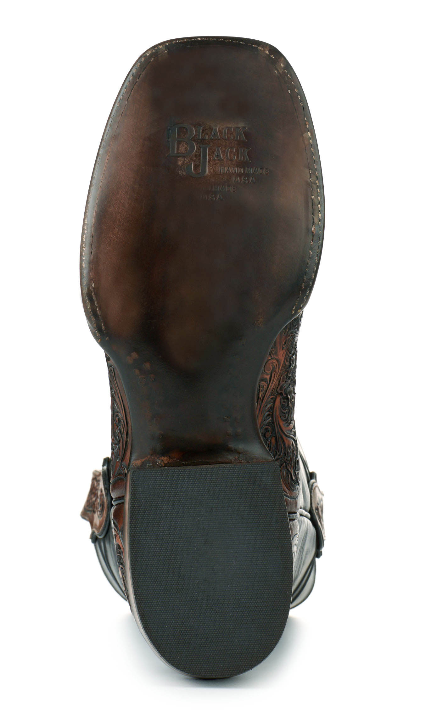 Black Jack Men's Mahogany Black and Brown Hand Tooled Wide Square Toe Cowboy Boots - Image 1