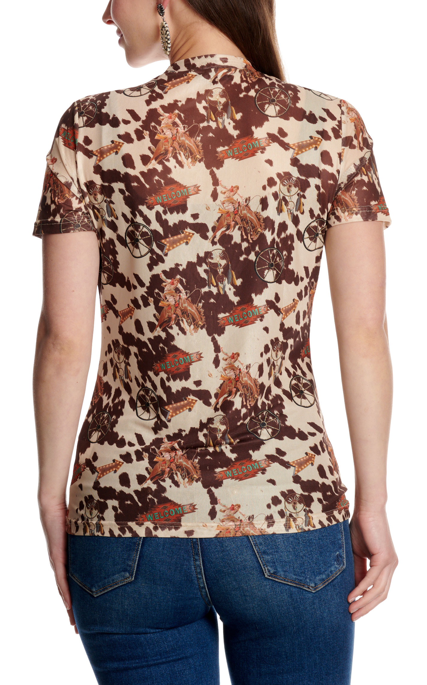 Merigold Kiss Women's Tan & Brown Cowhide Buckaroo Print Mesh Top - Image 1