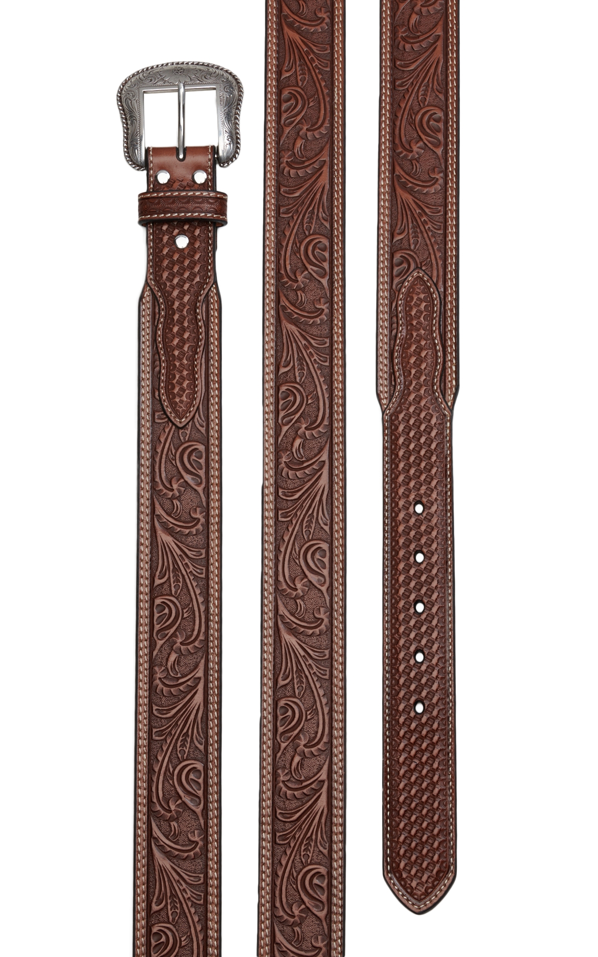 Nocona Men's Brown Floral Tooling and Basketweave Western Belt - Image 1