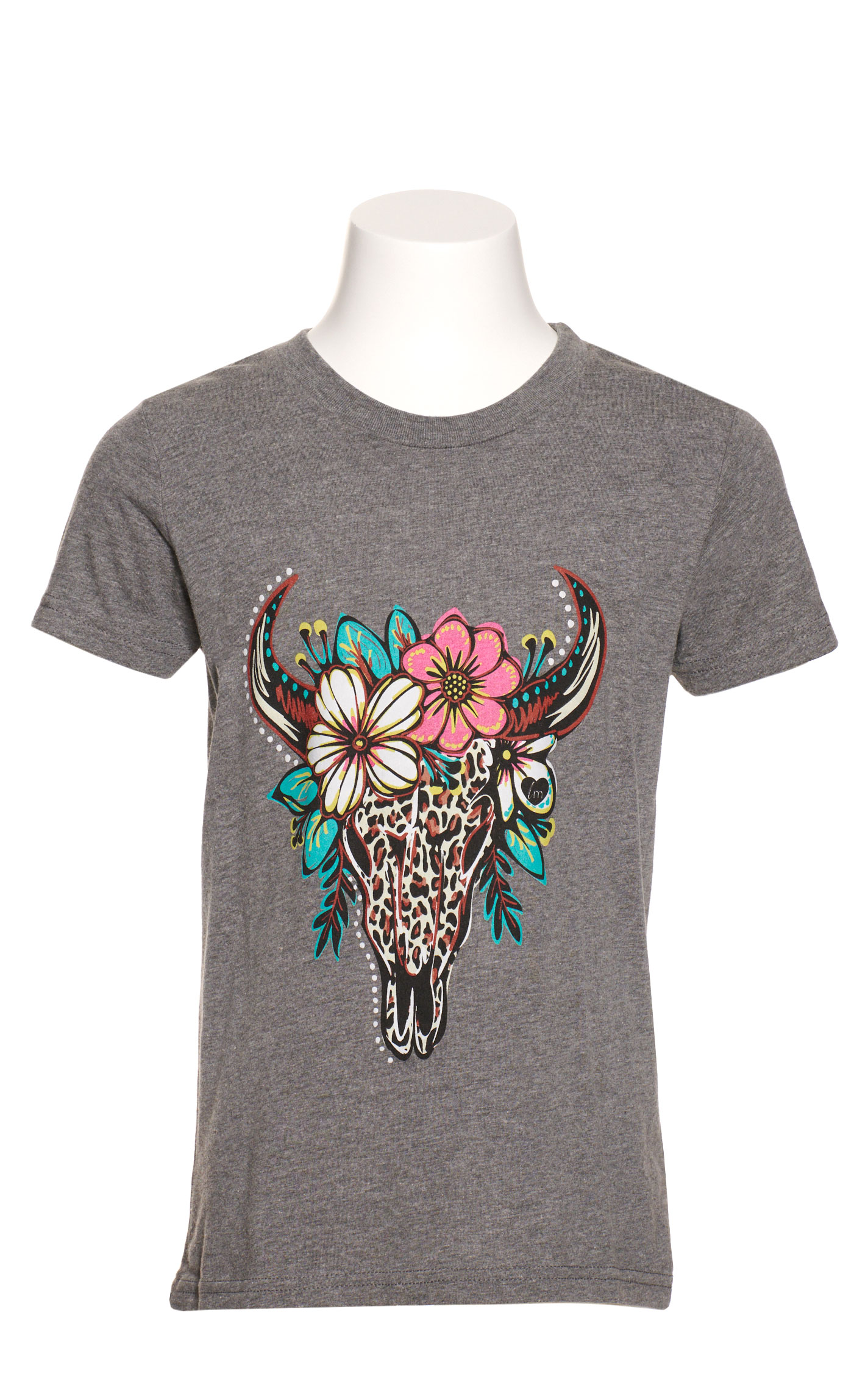 Girlie Girl's Original's Girl's Lulu Mac Gray with Leopard Print Floral Skull Graphic Short Sleeve T-Shirt - Image 1