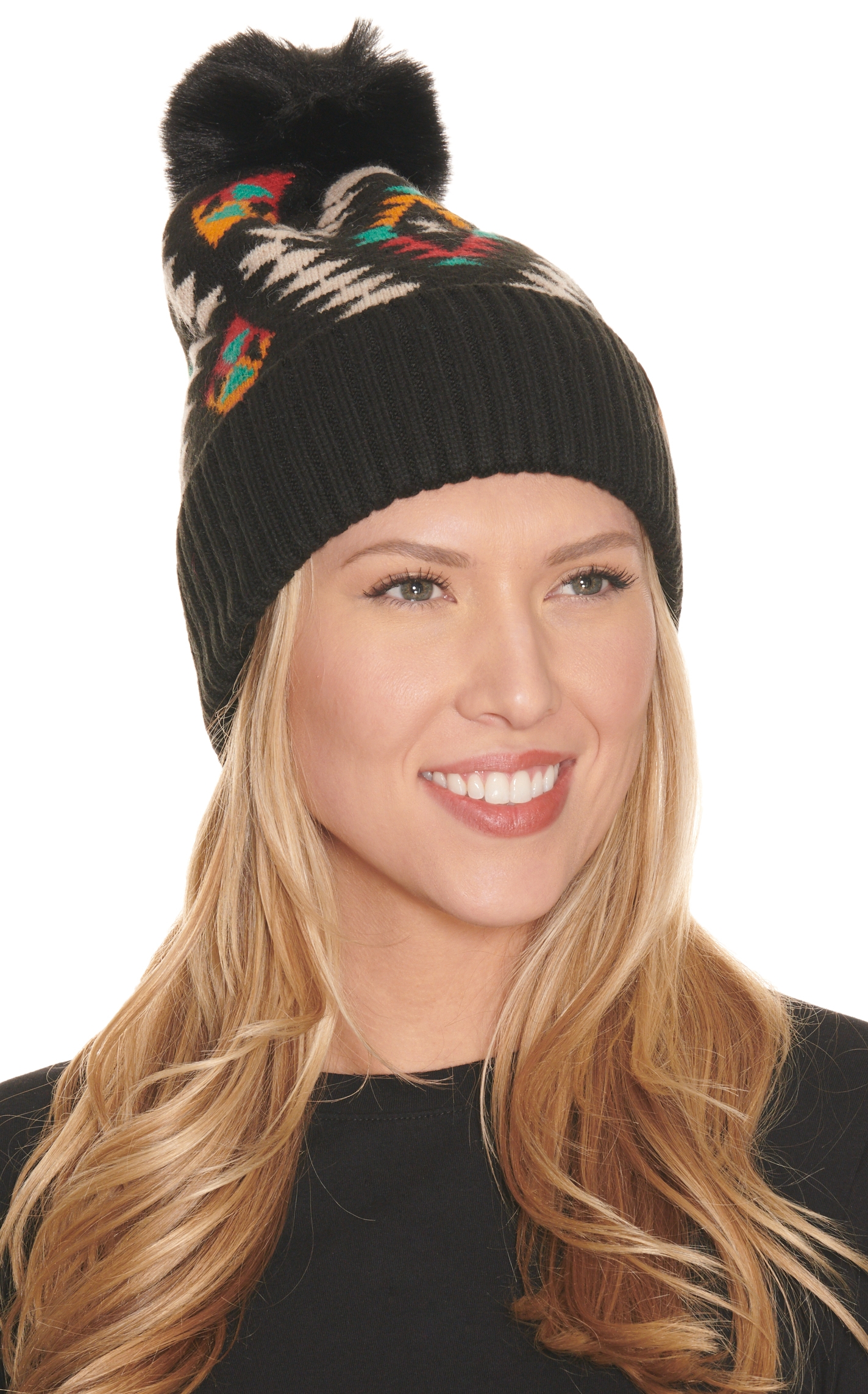 B. Jaxx Women's Black and Tan Aztec Print Pom Pom Knit Beanie - Image 1