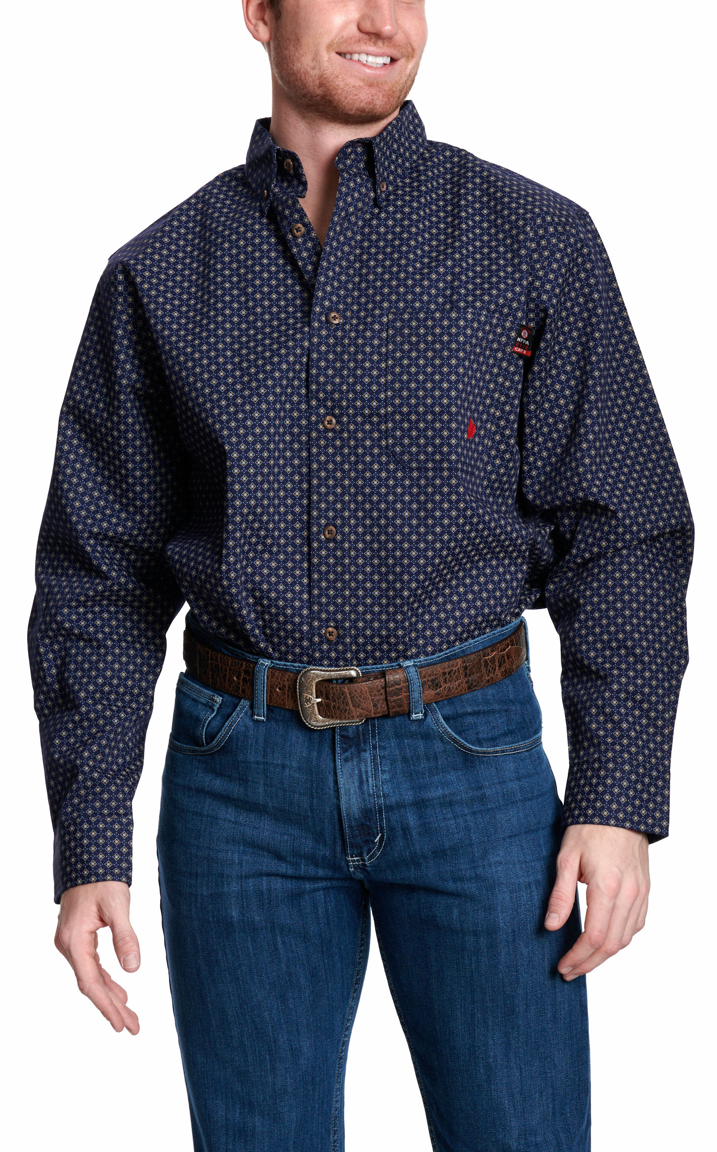 Forge Men's Navy & Taupe Geo Print FR Work Shirt - Image 1