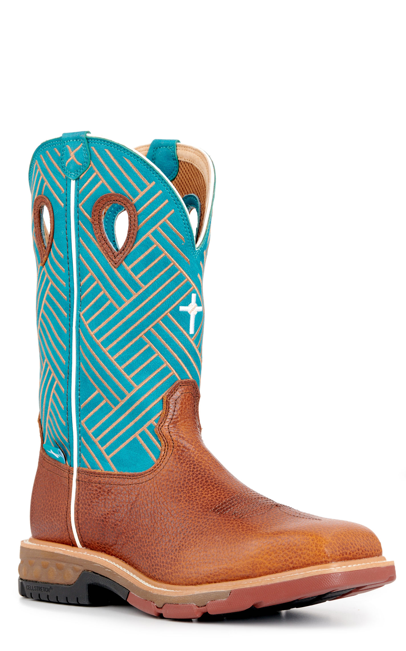Twisted X Men's Tango Tobacco and Turquoise CellStretch Wide Square Steel Toe Work Boot - Image 1
