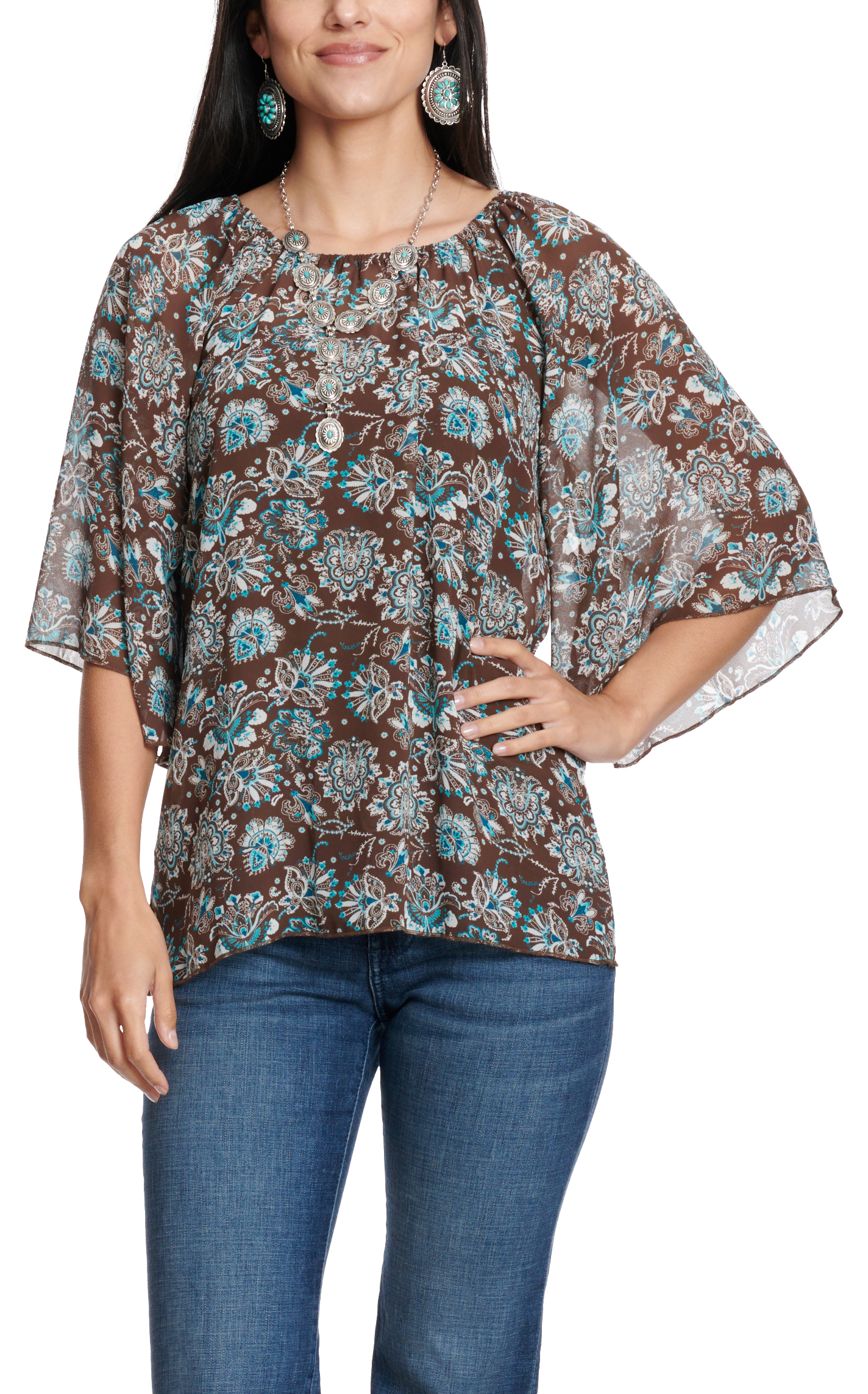 Cowgirl Hardware Women's Brown & Turquoise Peacock Paisley Chiffon Top  - Image 1