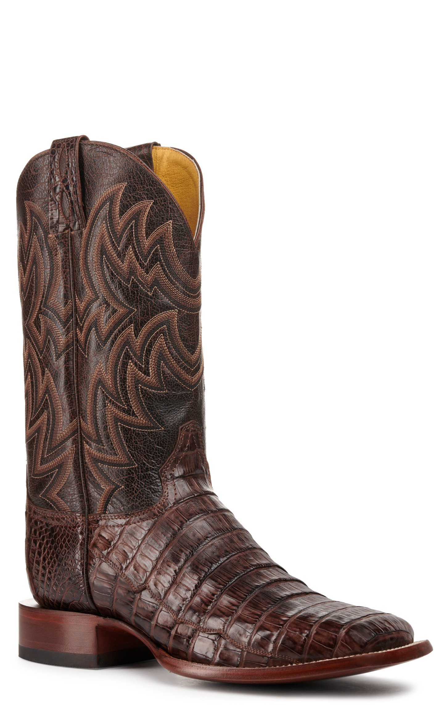 Cavender's Men's Chocolate and Cigar Caiman Tail Wide Square Toe Exotic Cowboy Boot - Image 1