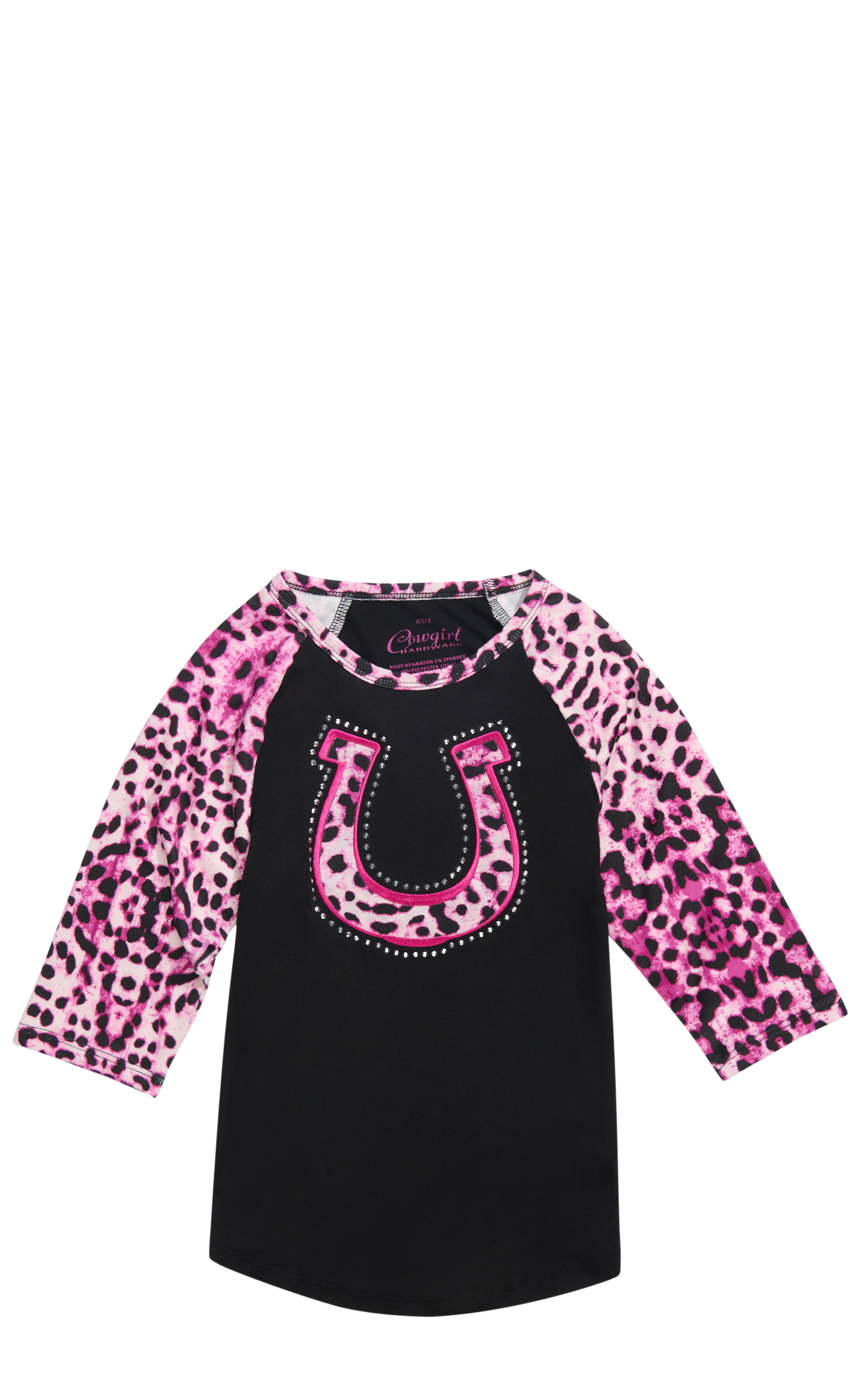 Cowgirl Hardware Girl's Black & Fuchsia Leopard Horseshoe Raglan Top - Image 1