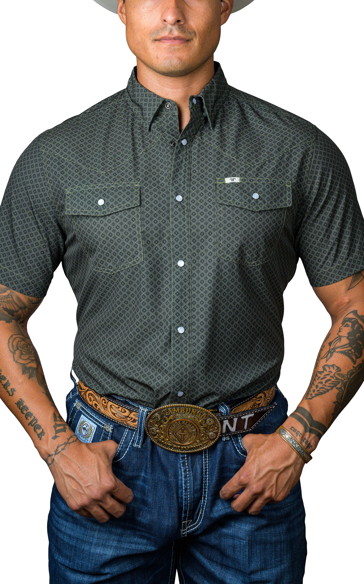 Ferrell Men's Sage & Forest Geo Print Western Shirt - Image 1