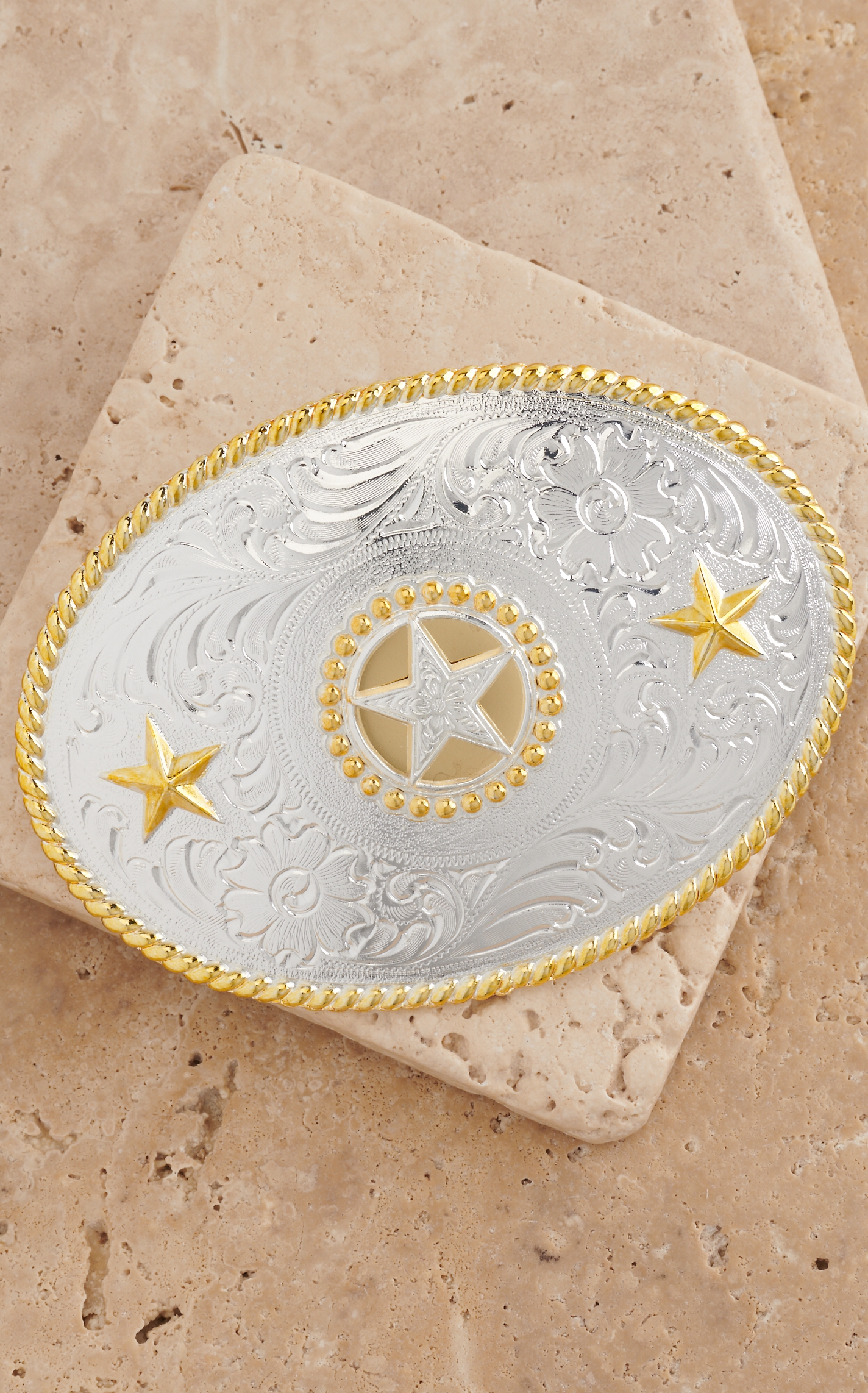 M&F Western Products Silver with Floral Etching Gold Rope and Star Detailing Justin Star Belt Buckle - Image 1