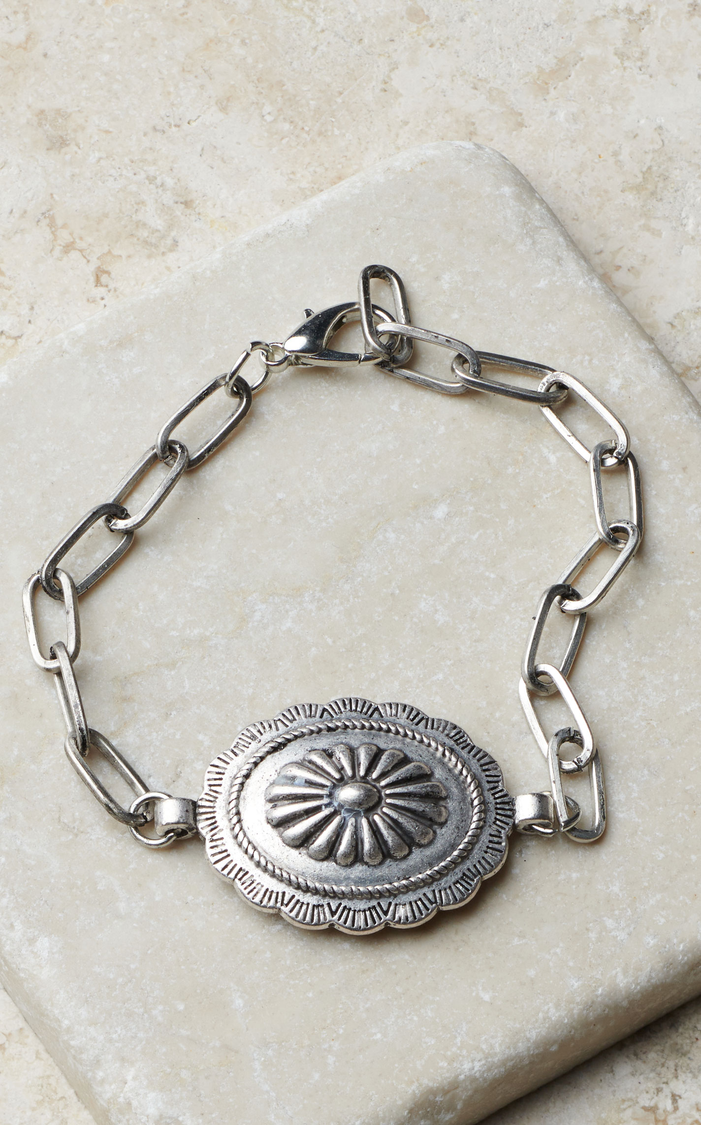 Rockin C Etched Concho & Silver Paperclip Chain Bracelet - Image 1