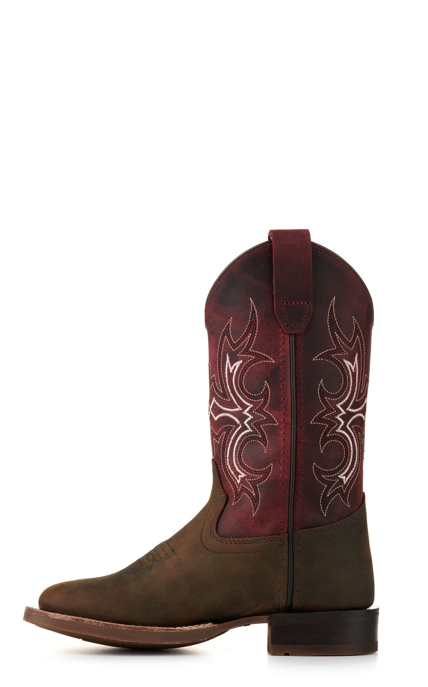 Old West Kids Brown and Burgundy Wide Square Toe Cowboy Boots - Image 1