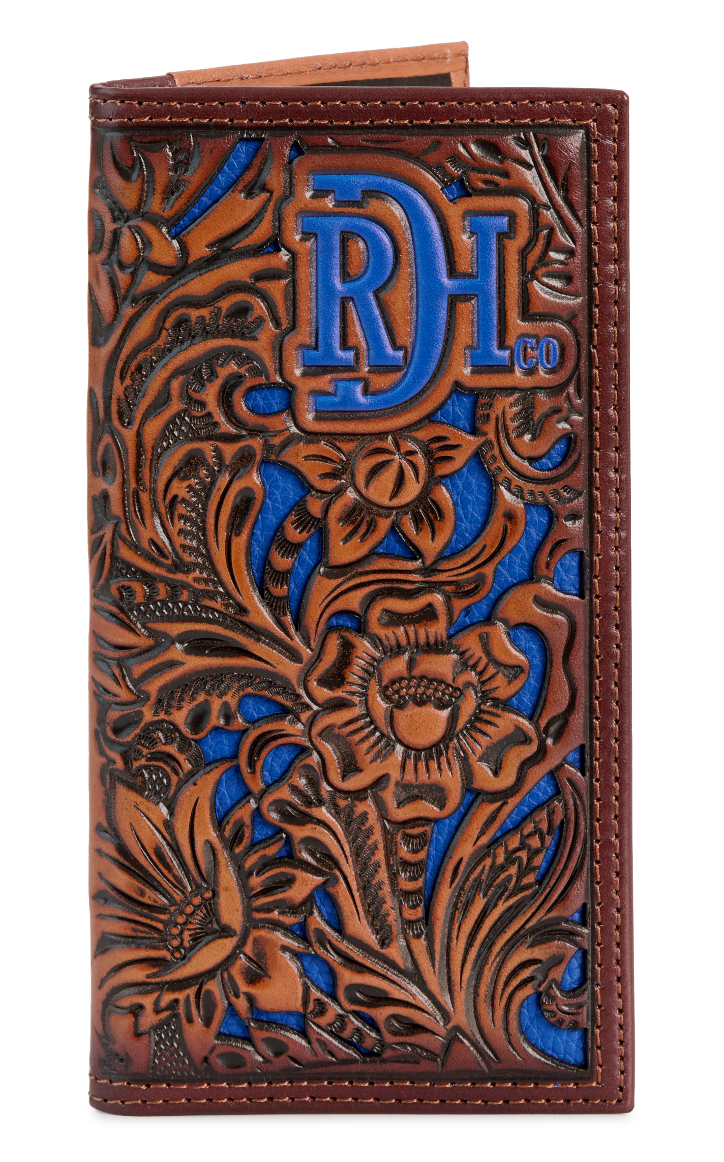 Red Dirt Hat Co. Coffee Leather Floral Tool Royal Blue Underlay Rodeo Wallet - Image 1
