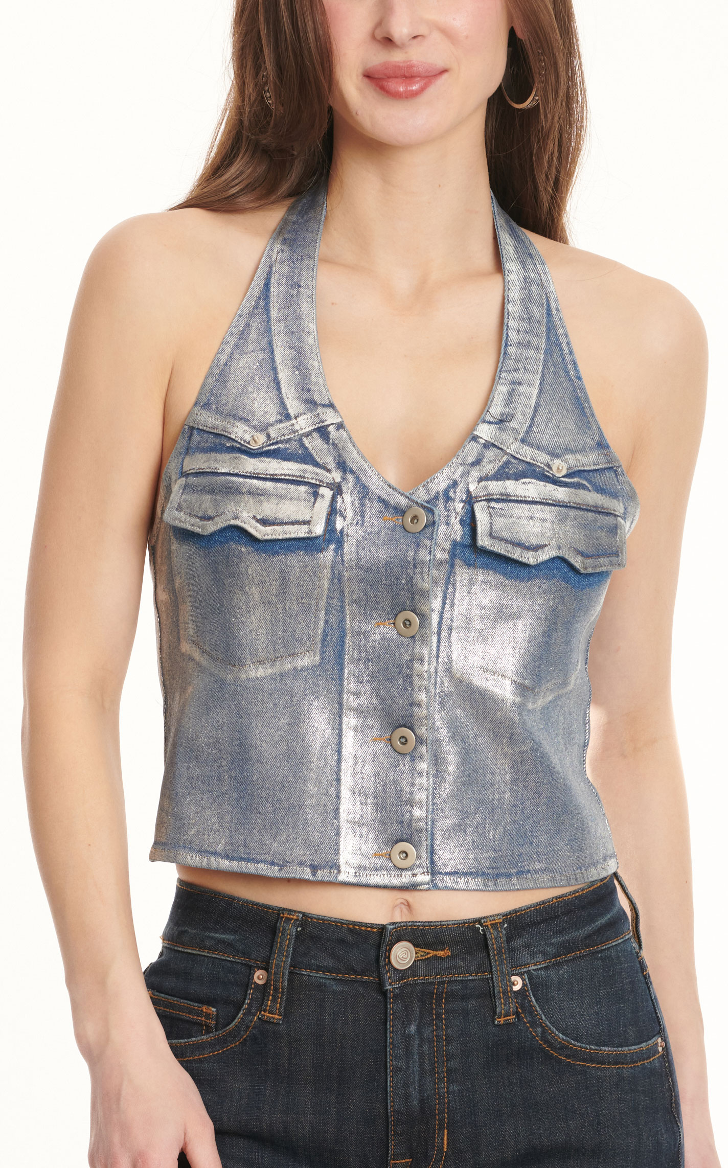 Blue B Women's Light Wash Silver Finish Denim Halter Neck Cropped Top  - Image 1