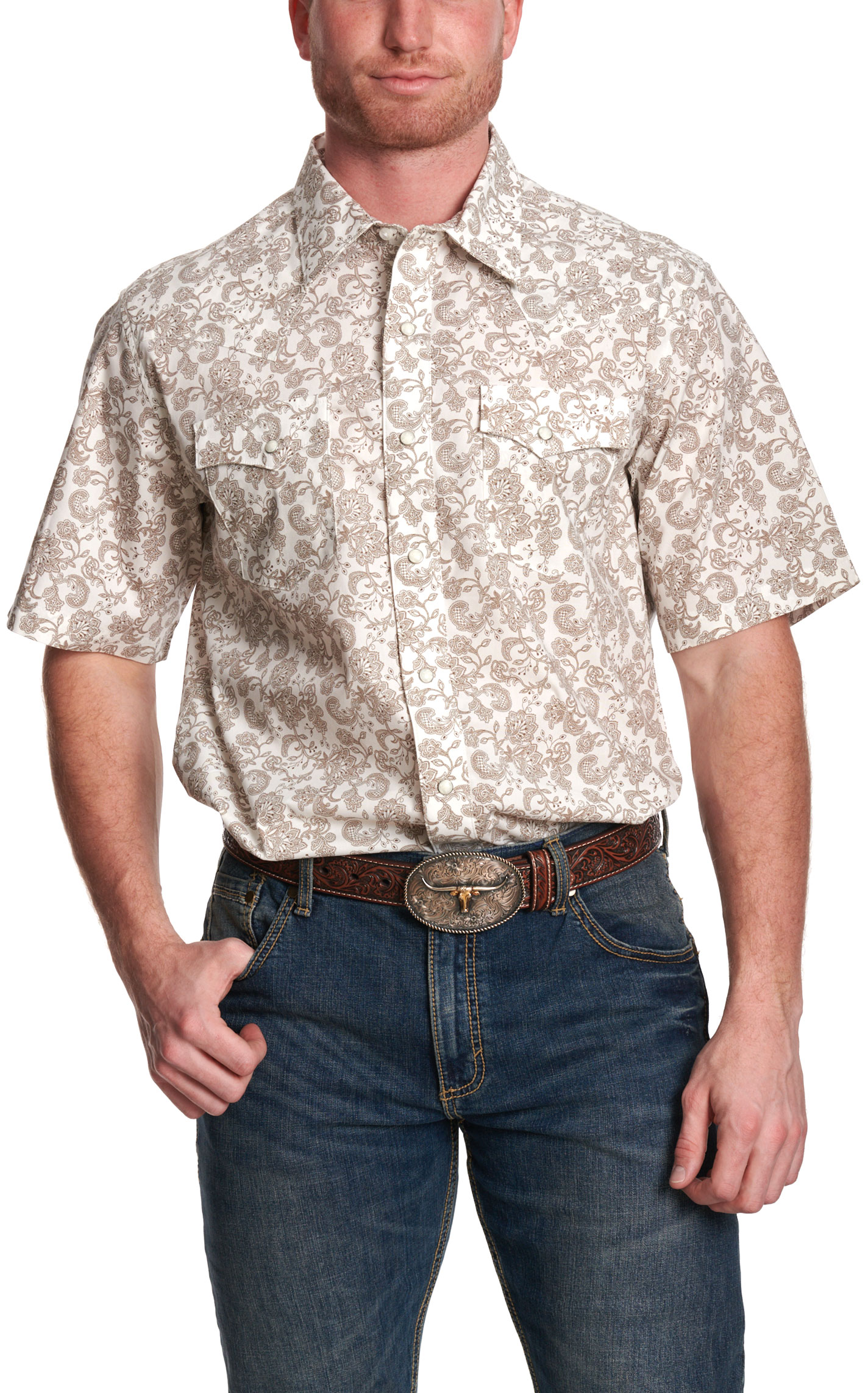 Wrangler Retro Men's Taupe Floral Paisley Print Western Shirt - Image 1