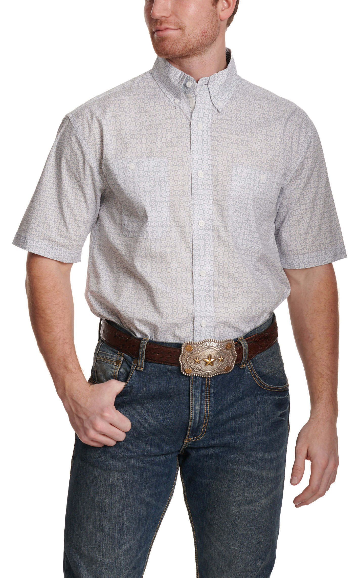 Wrangler Men's George Strait Collection White & Blue Geo Print Western Shirt - Image 1
