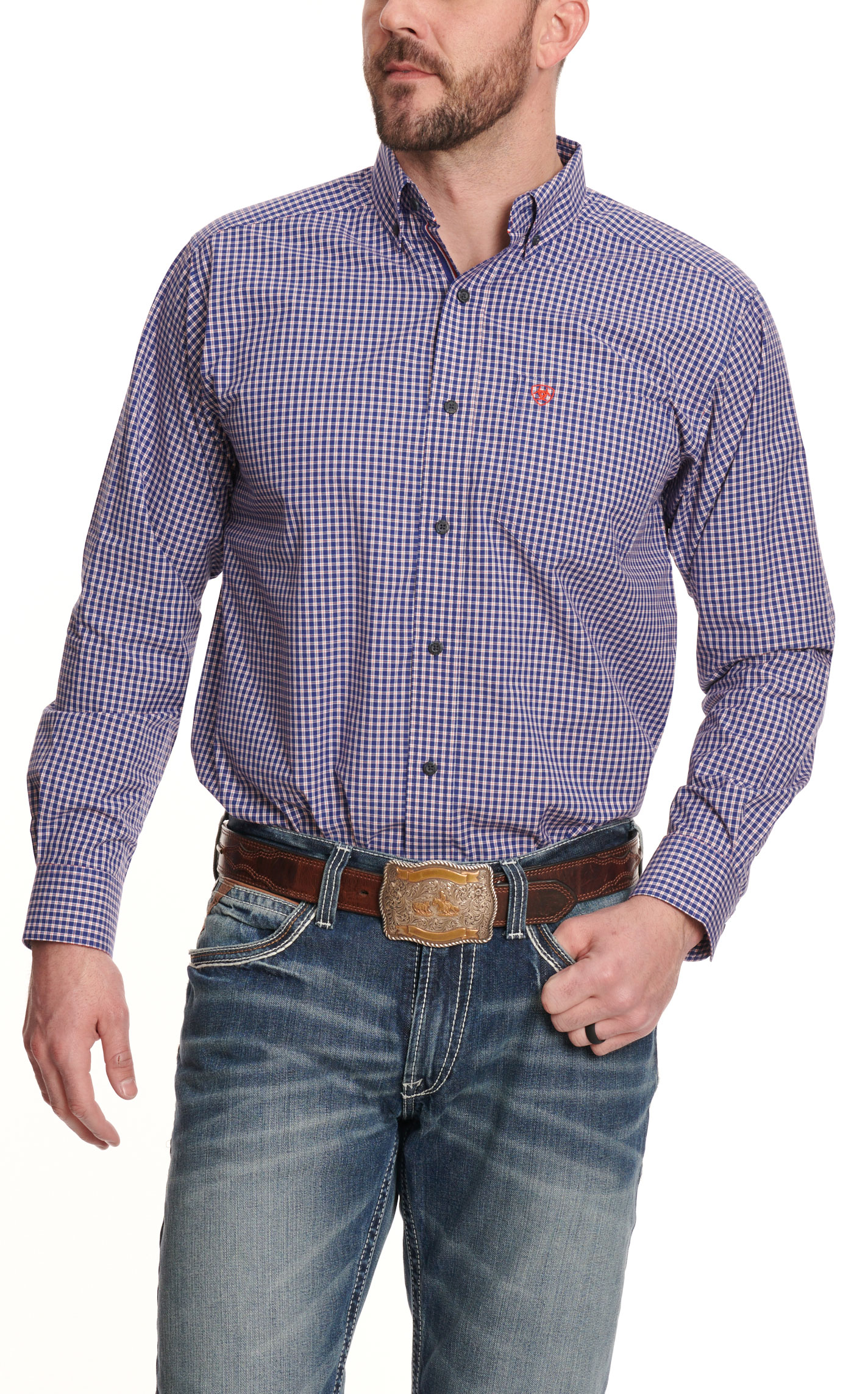 Ariat Men's Pro Series Louis Dark Blue and Red Plaid Stretch Long Sleeve Western Shirt - Image 1