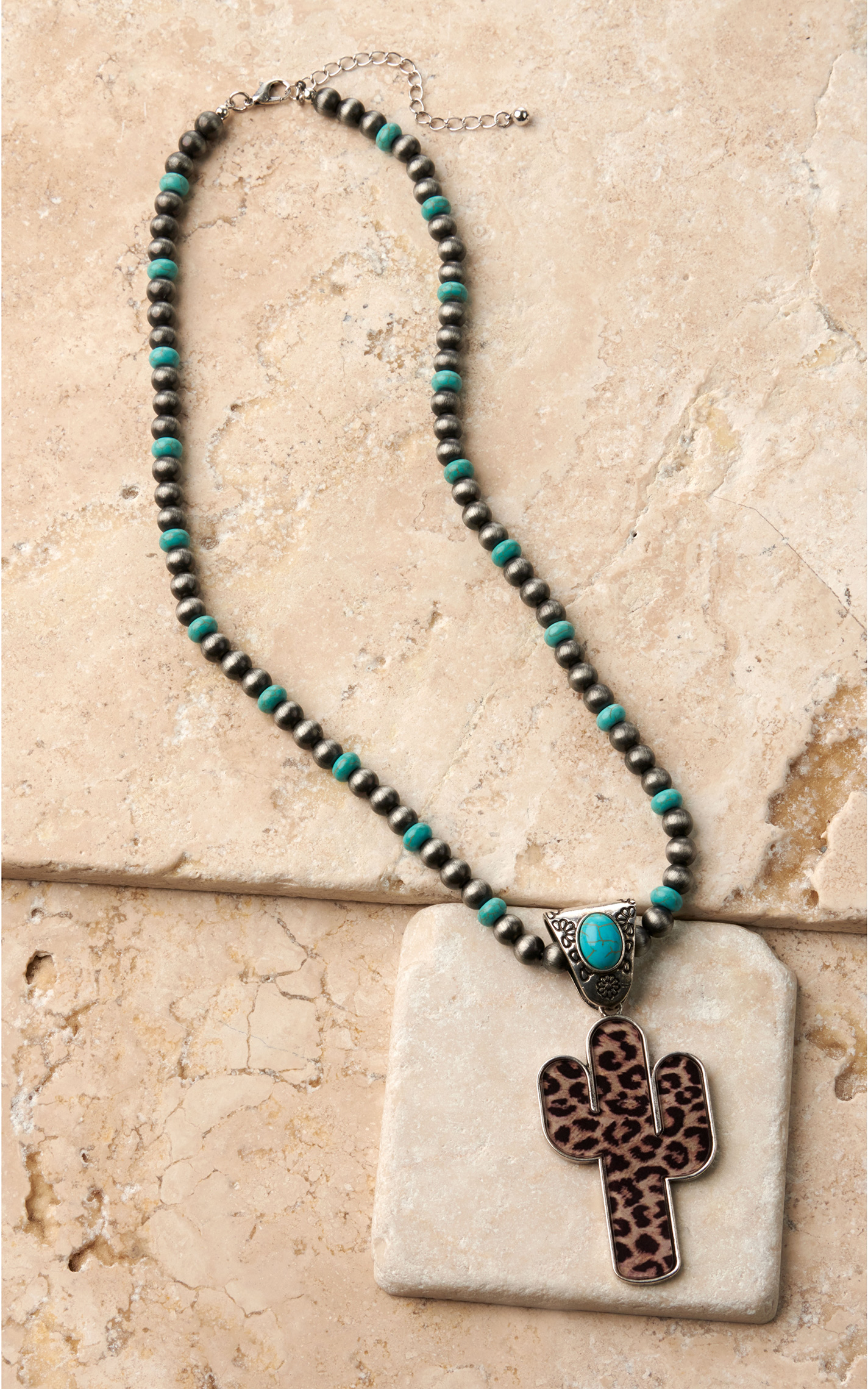 Silver Strike Silver and Turquoise Beads with Leopard Cactus Pendant Necklace and Earrings Jewelry Set - Image 1