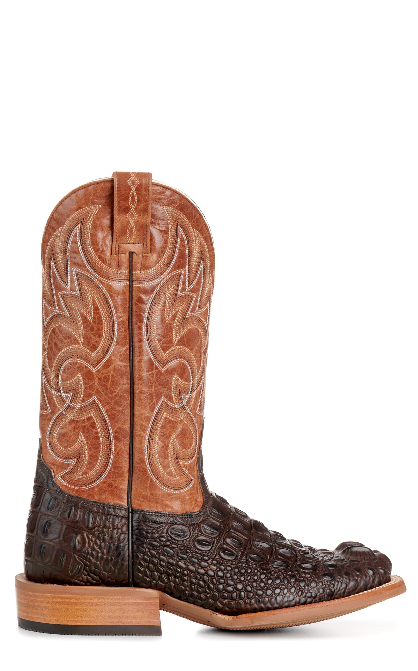 Cavender's Men's Intrepid Chocolate Hornback Alligator Print and Gray Wide Square Toe Cowboy Boot - Image 1