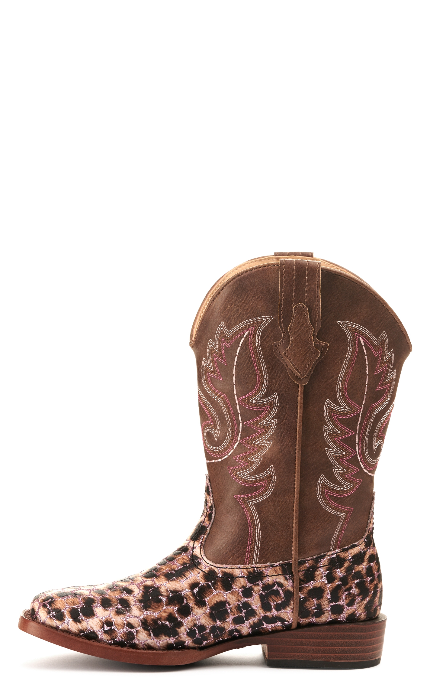 Roper Girl's Brown and Leopard with Pink Glitter Wide Square Toe Cowboy Boot - Image 1