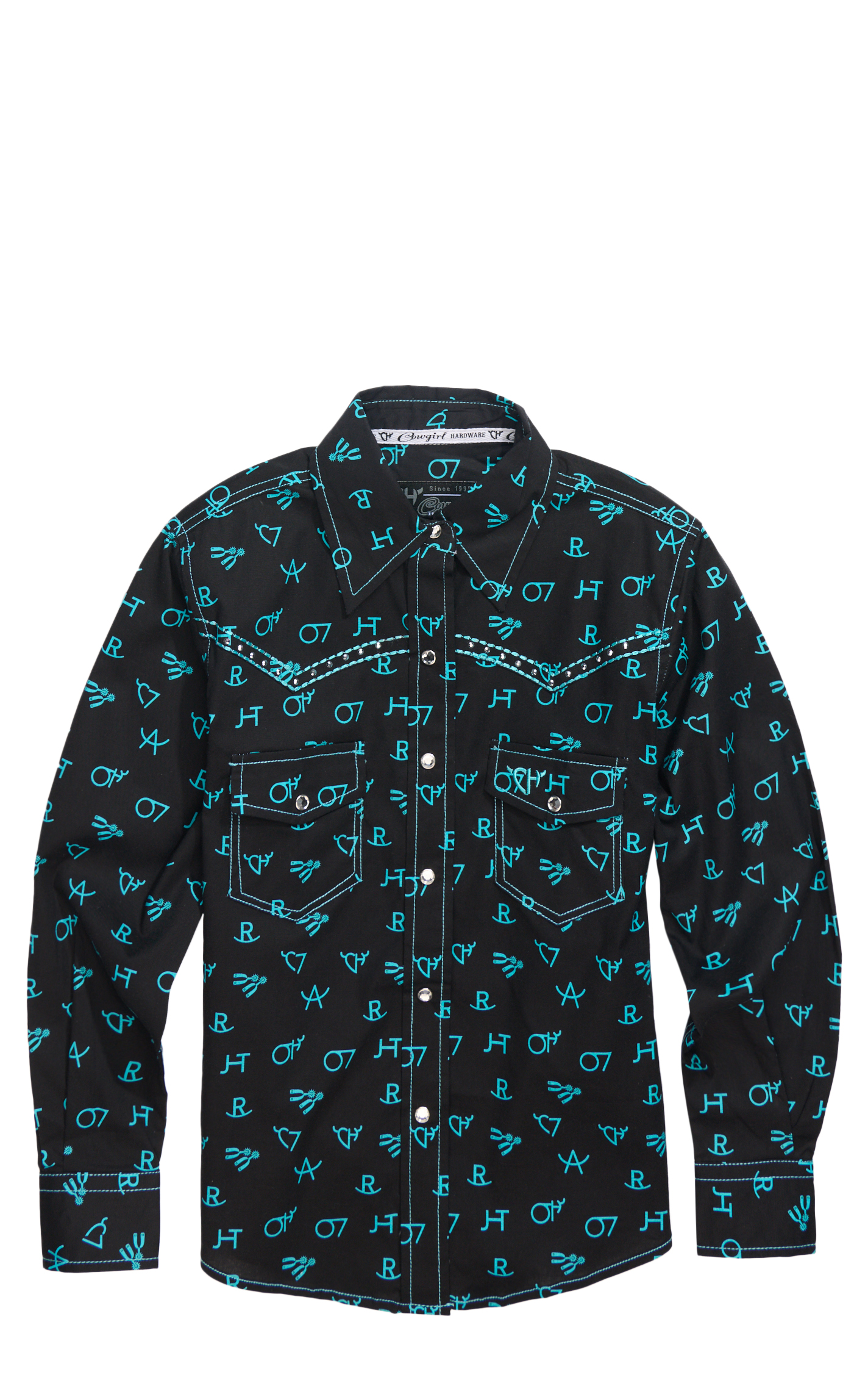 Cowboy Hardware Girl's Black & Turquoise Brand Print Western Shirt - Image 1