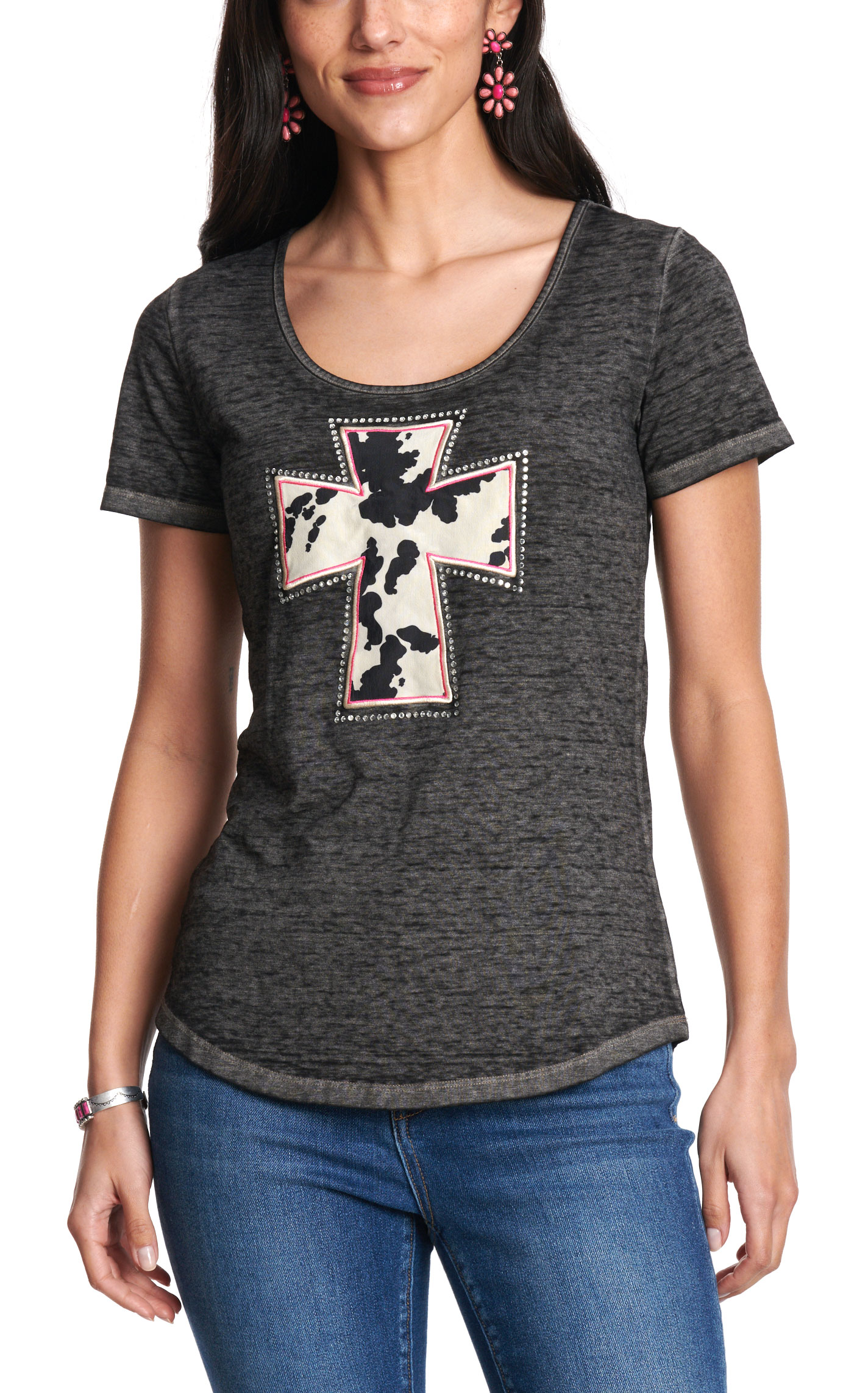 Cowgirl Hardware Women’s Black Cow Print Sparkle Cross T-Shirt - Image 1