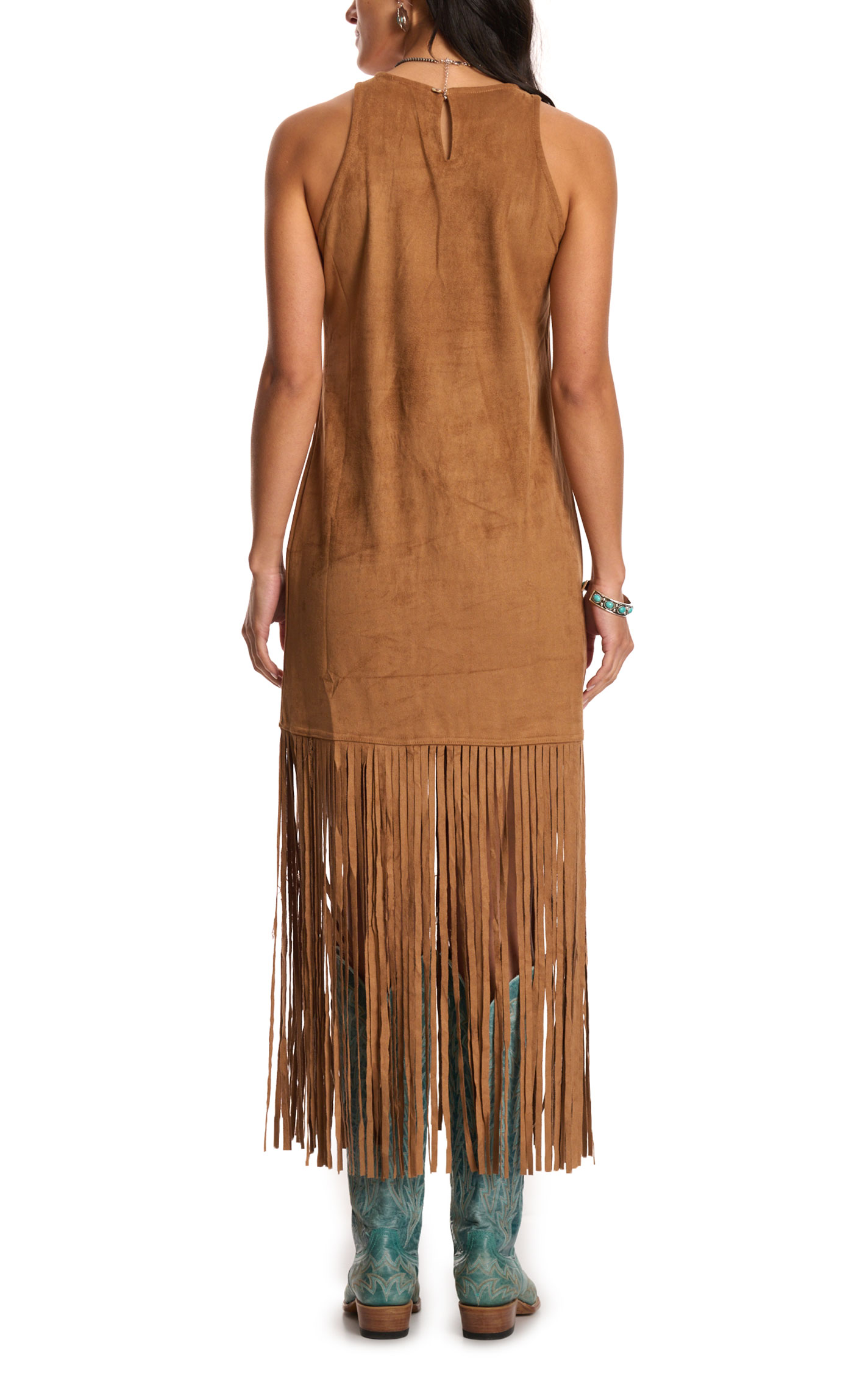 Fashion Express Women's Brown Sugar Faux Suede Fringe Dress - Image 1