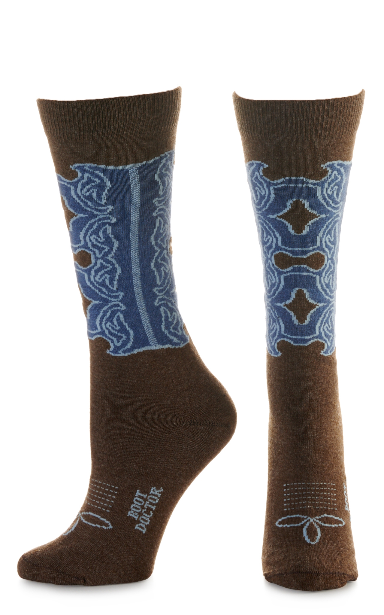 Boot Doctor Women's Brown with Blue Boot Stitch Design Crew Boot Socks - Image 1