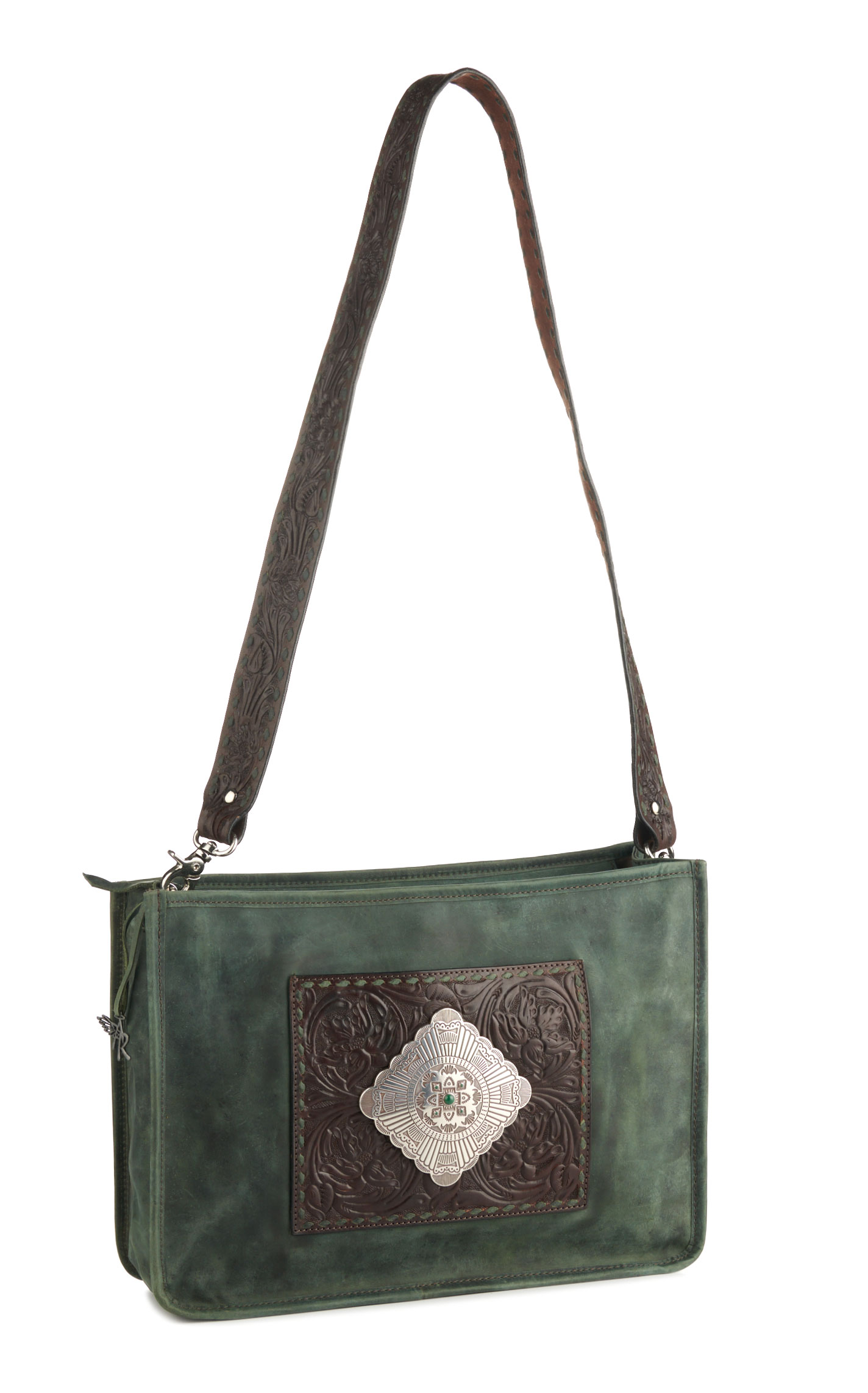 Angel Ranch Dark Sage Leather & Etched Silver Concho Concealed Carry Crossbody Bag - Image 1