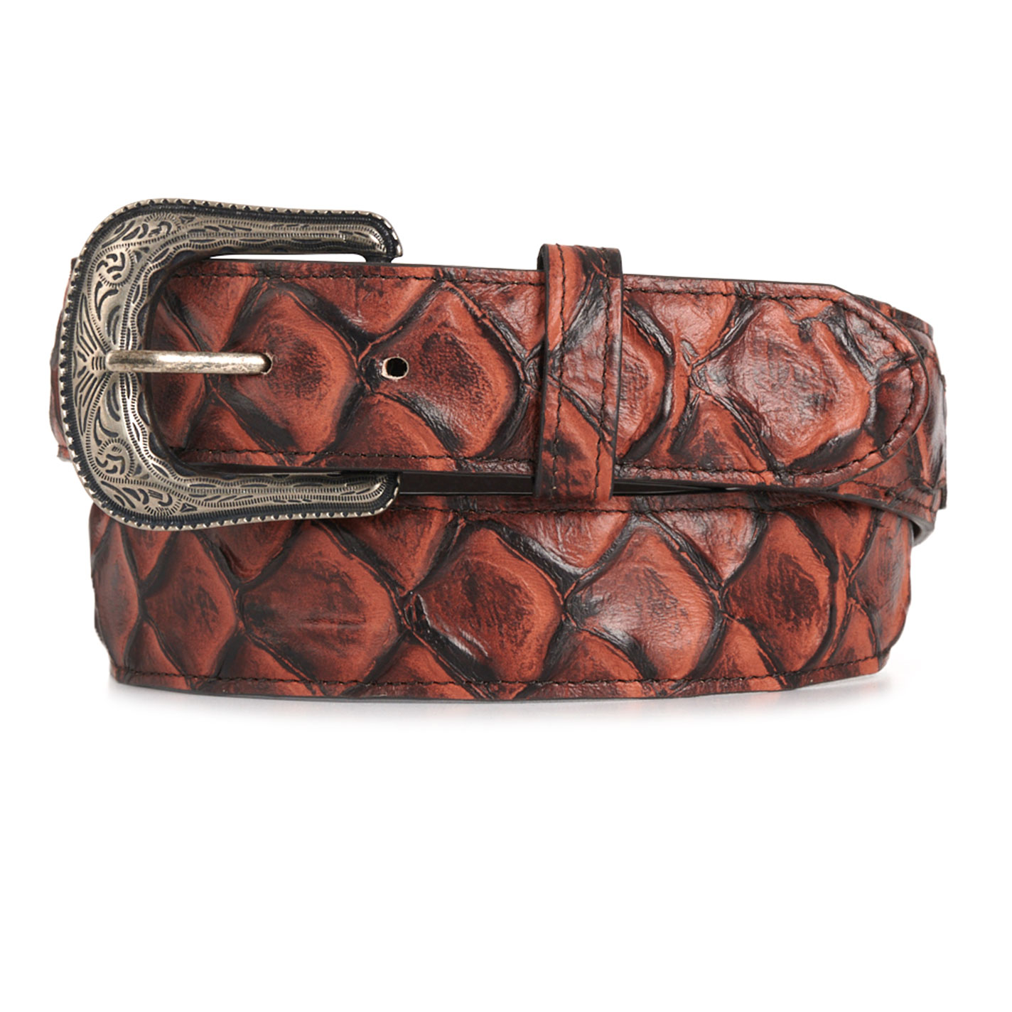 Cavender's Men's Whiskey & Black Pirarucu Print Belt - Image 1
